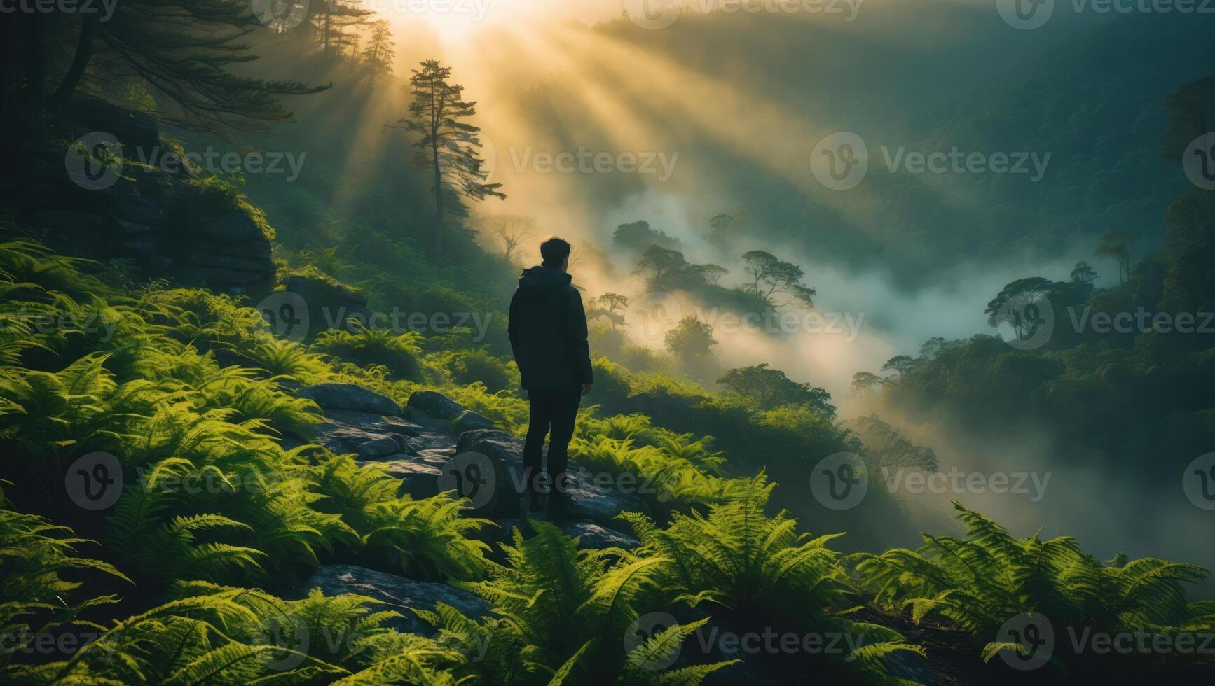 Person Standing on Mountain Overlook at Sunrise Enjoying Tranquil Forest photo