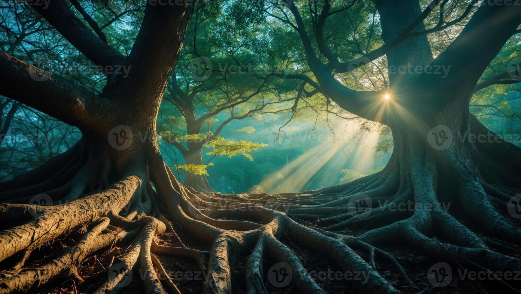 Sunlight Streaming Through Lush Green Forest Canopy with Root System photo