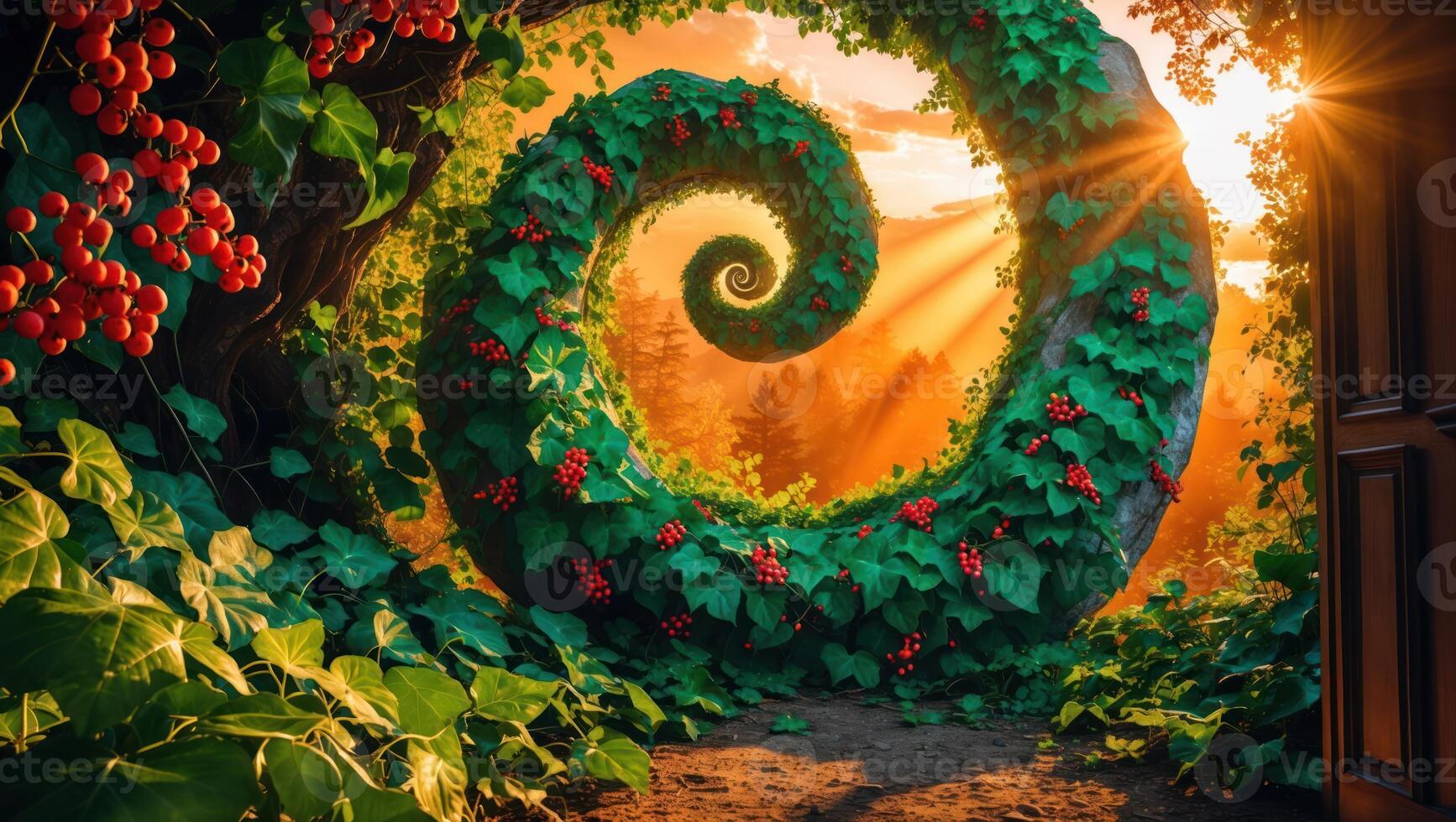 Enchanting Spiral Pathway Through Forest with Berries and Sunlight photo