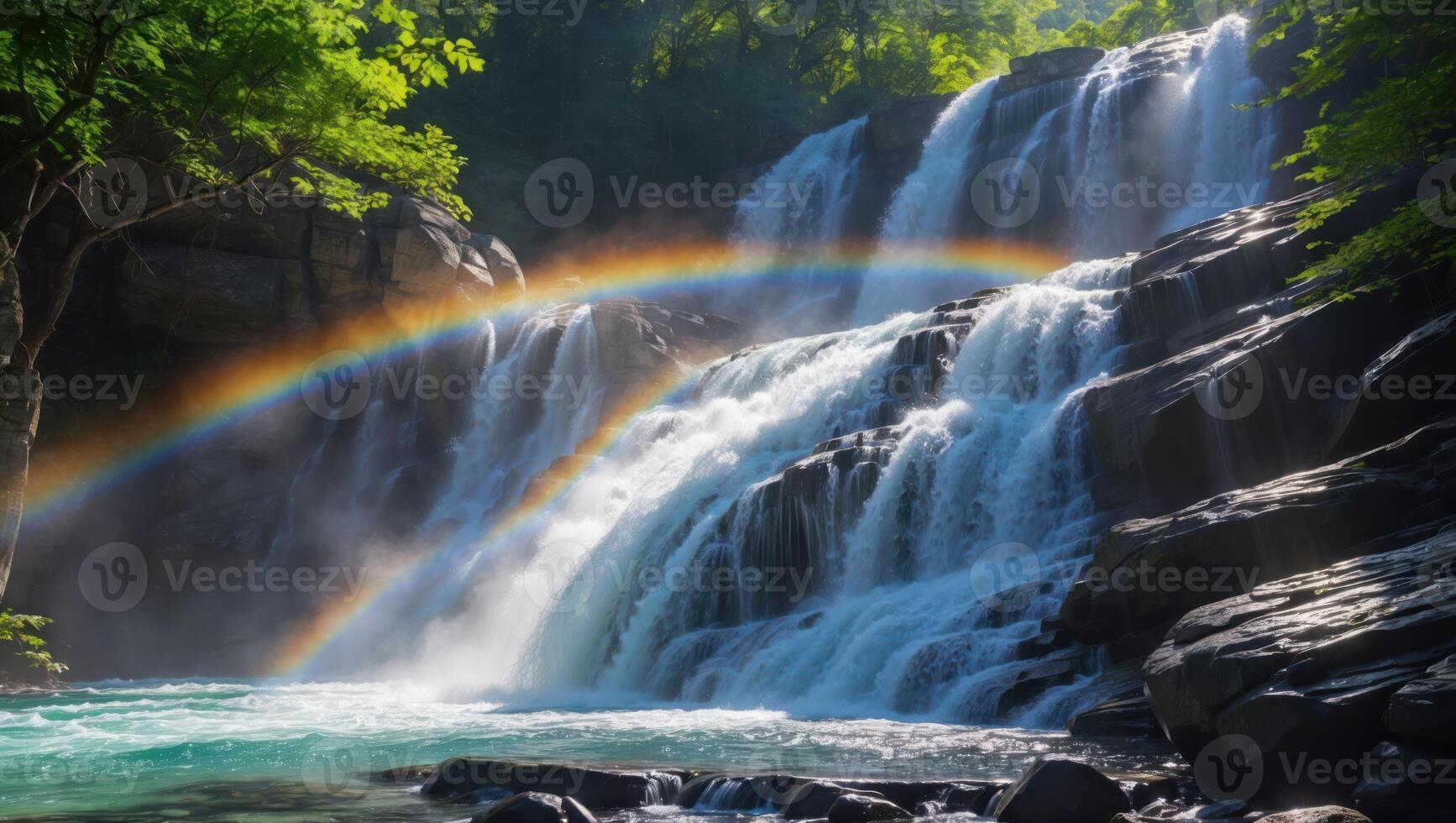 Waterfall with Rainbow Cascading Down Rocks in Lush Green Forest photo