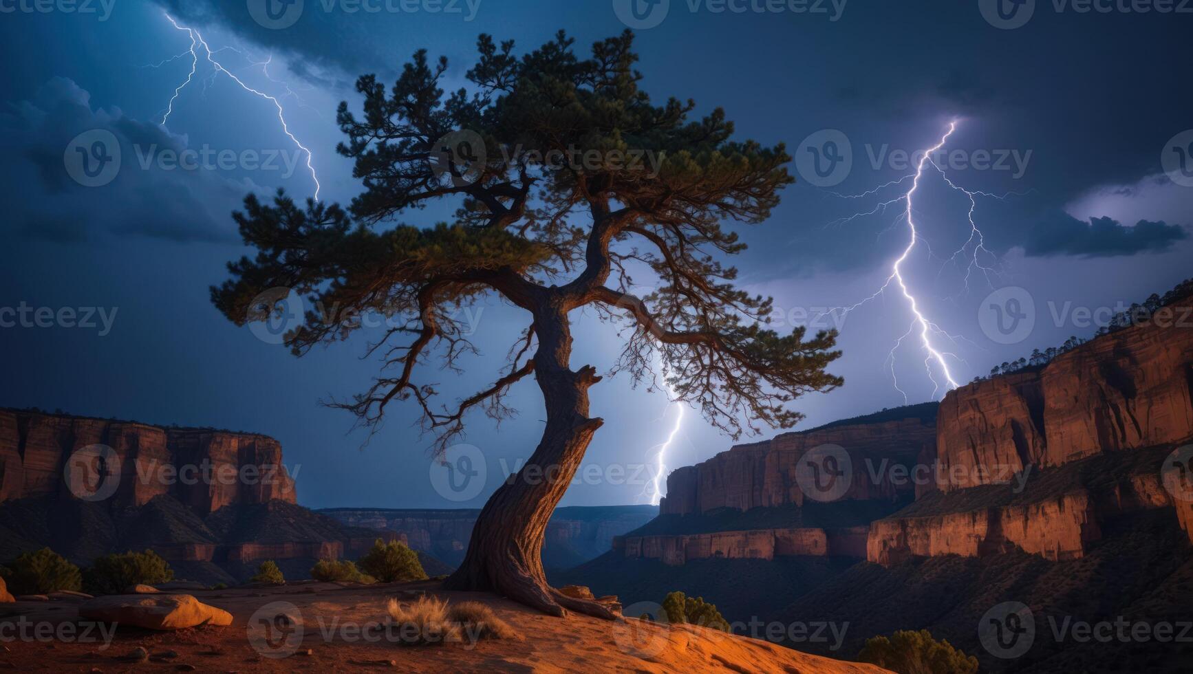 Tree Standing Proud During Dramatic Canyon Thunderstorm with Lightning Strikes photo