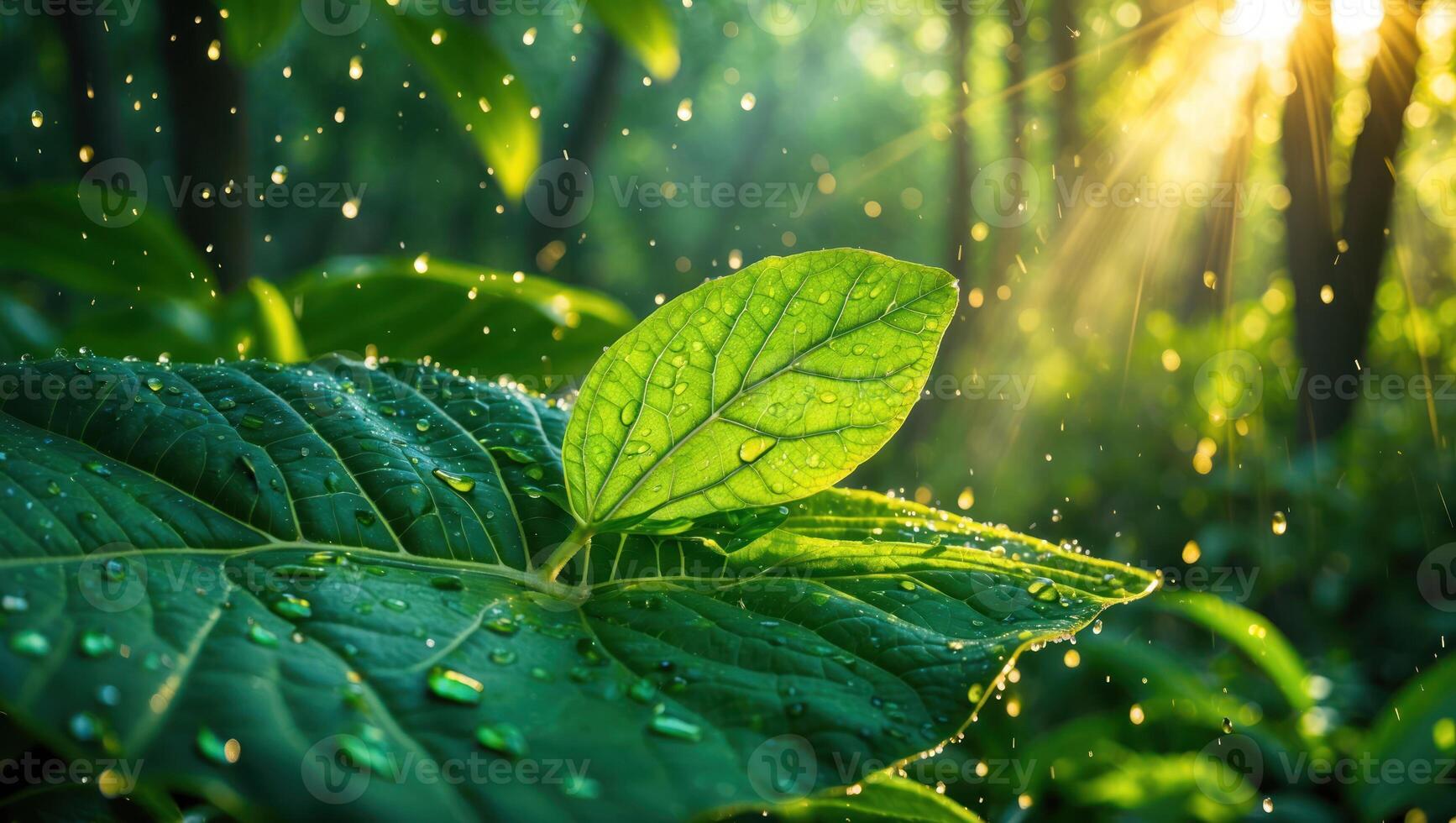 Leaf with Water Droplets in Forest with Sunlight Streaming Through Trees photo