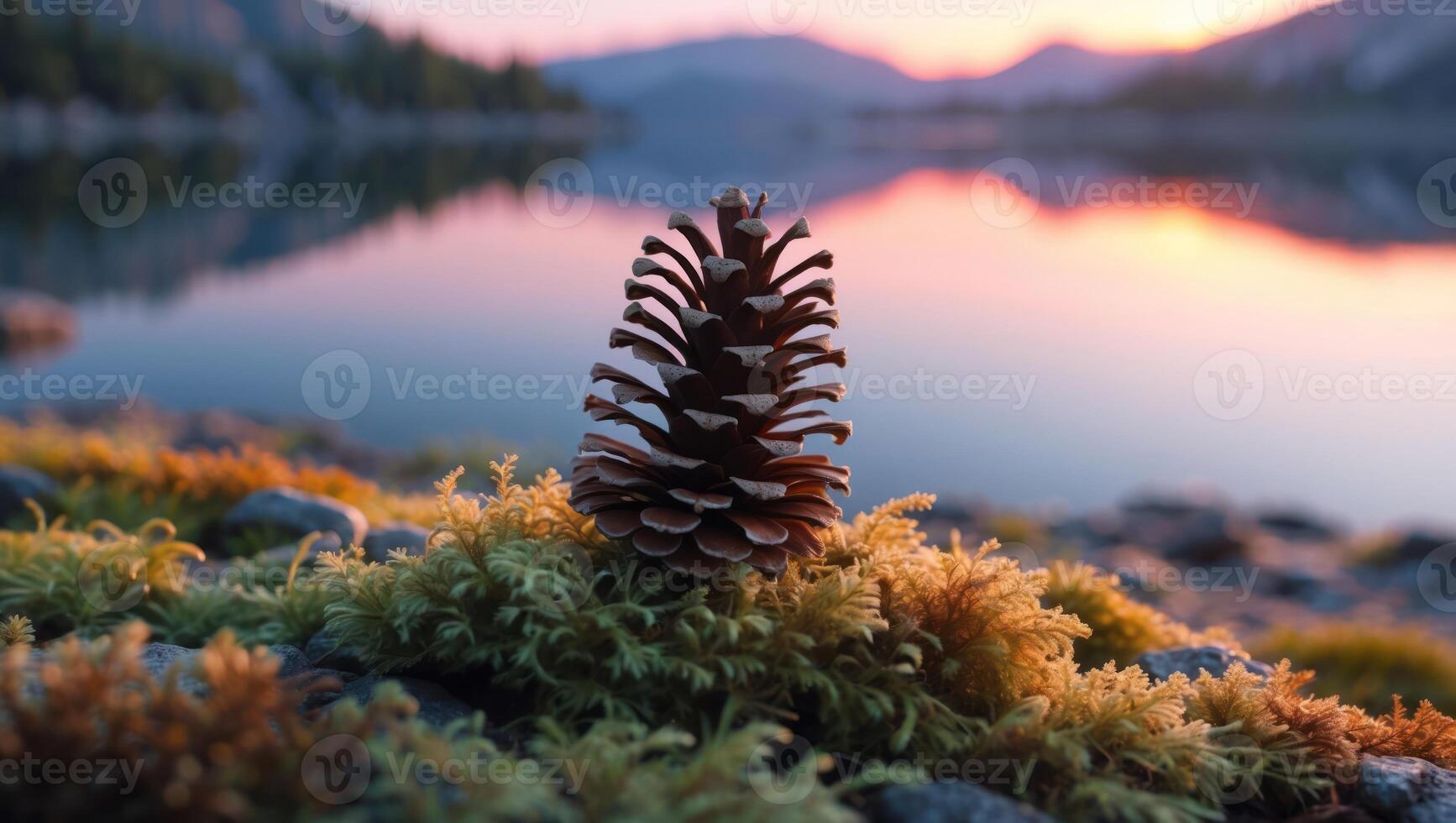 Pinecone on Moss with Mountain Lake Reflecting Sunset Scenery photo