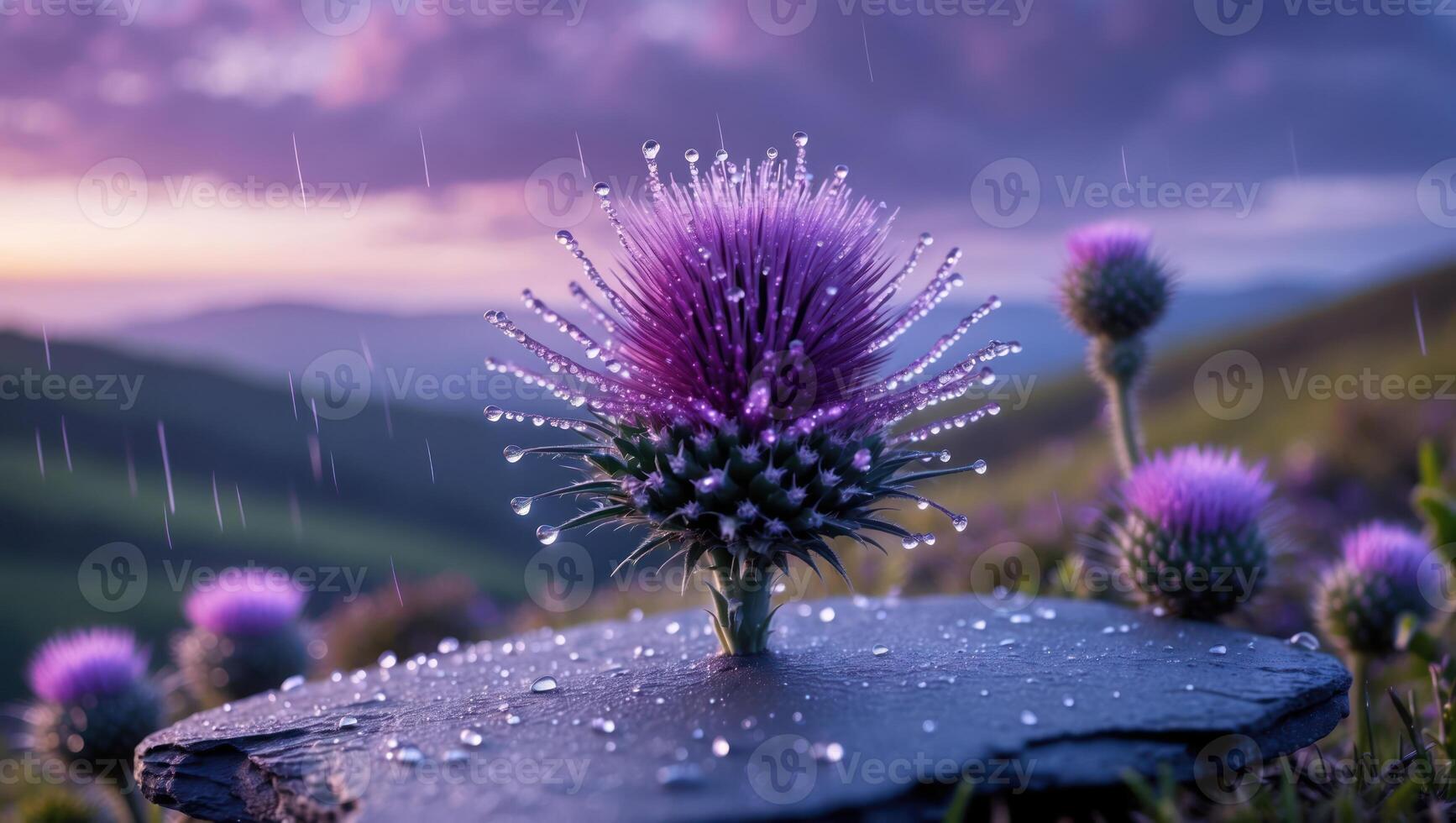 Thistle Flower Covered in Water Droplets Growing in Mountainous Landscape photo