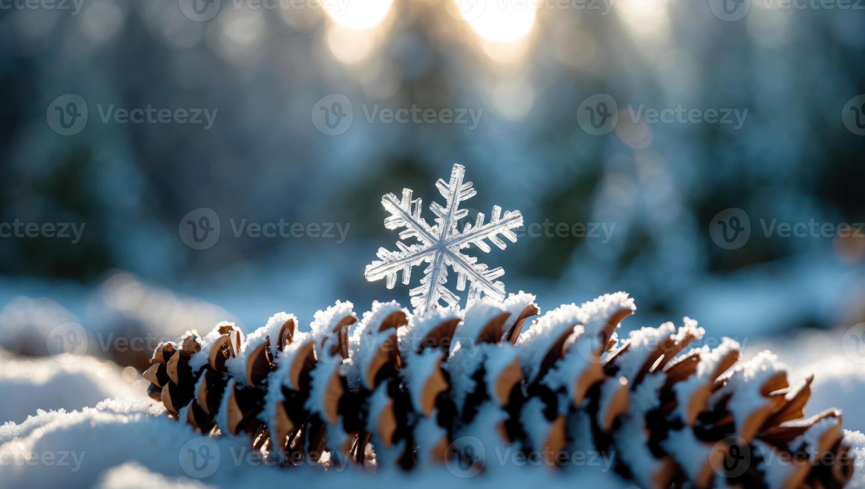 Snowflake on Cone in Winter Forest Setting for Holiday Season photo