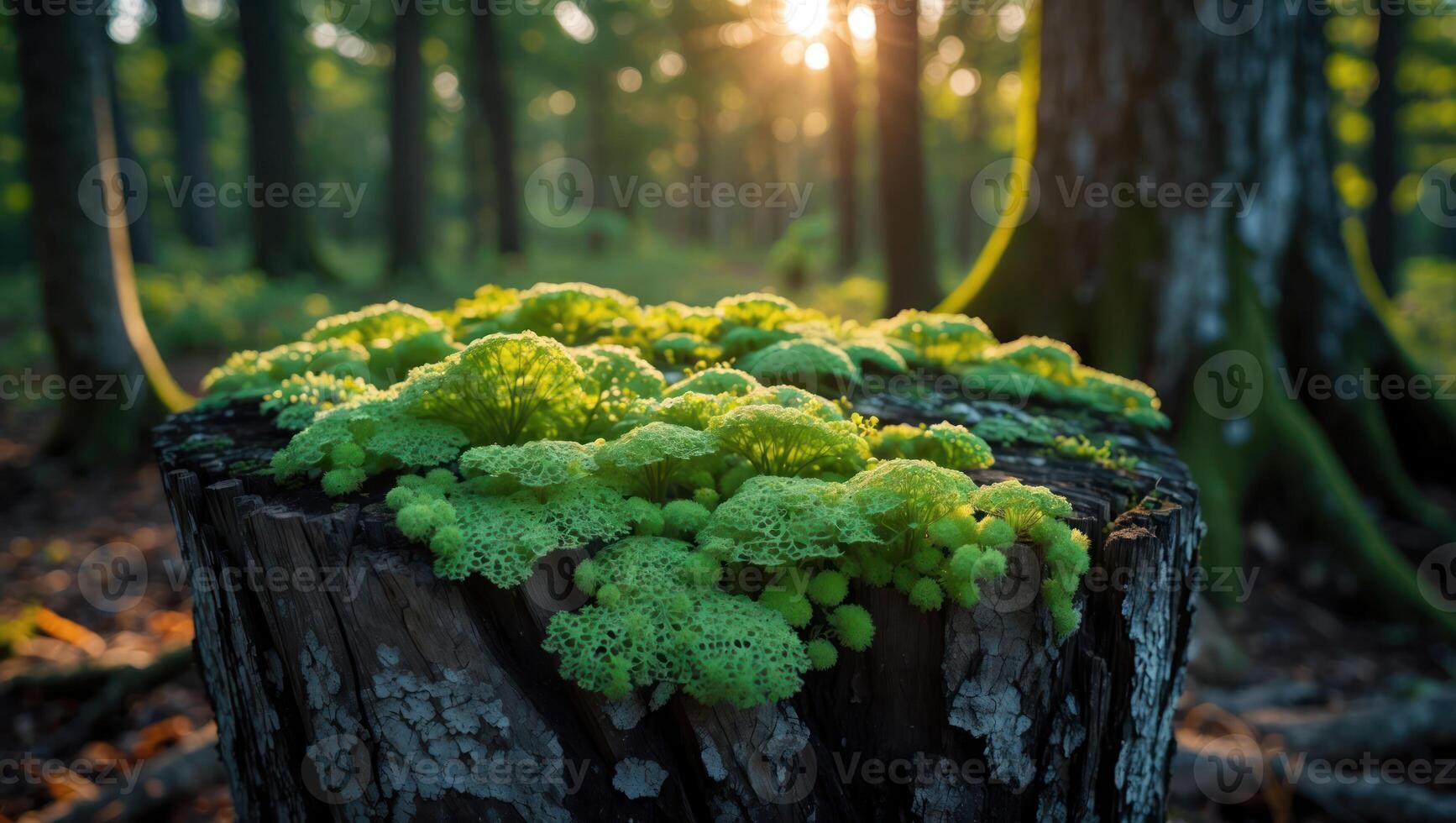 Mossy Tree Stump in Forest with Warm Sunlight Through the Trees photo