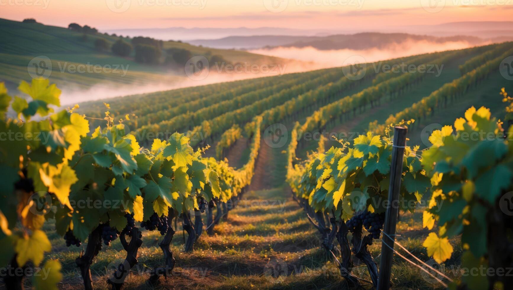 Vineyard Rows at Sunrise with Morning Mist Rolling Through Hills photo