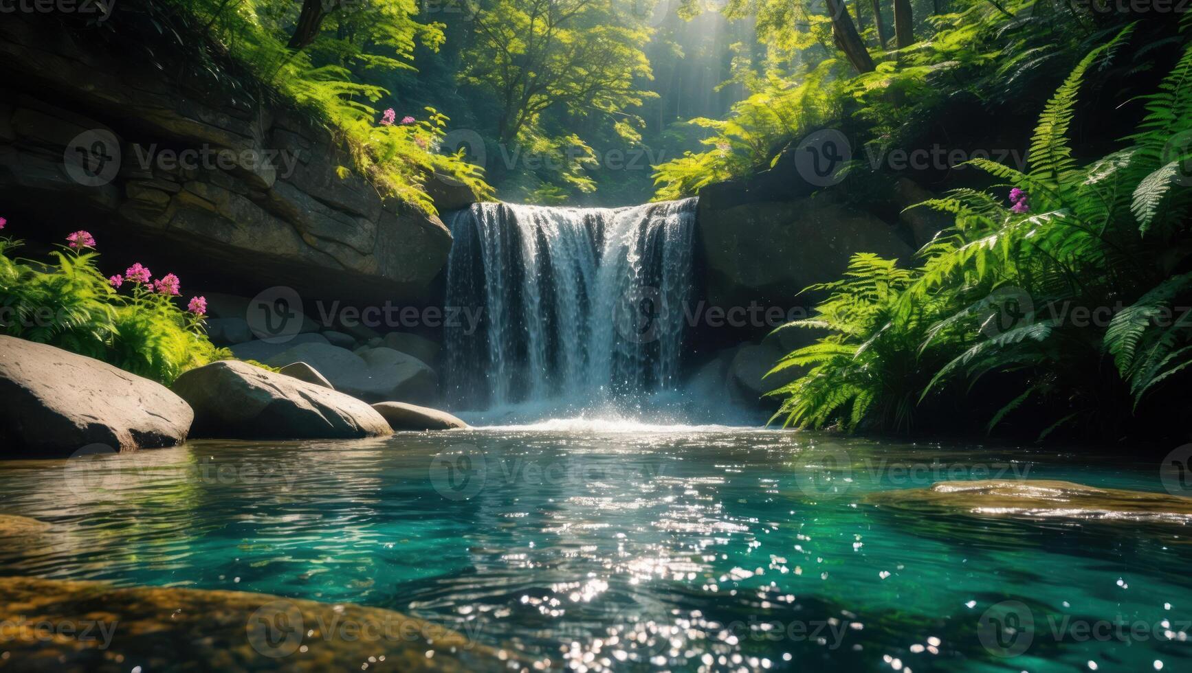 Waterfall Cascading Into Clear Turquoise Pool Surrounded by Lush Nature photo