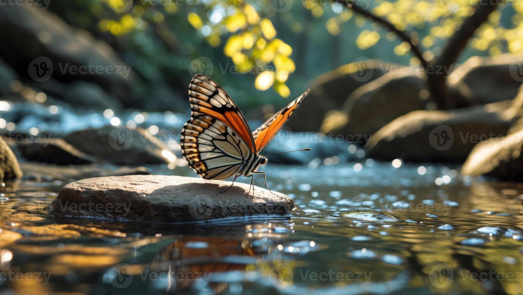 Butterfly Resting on Rock by Stream with Sunlight Through Trees photo