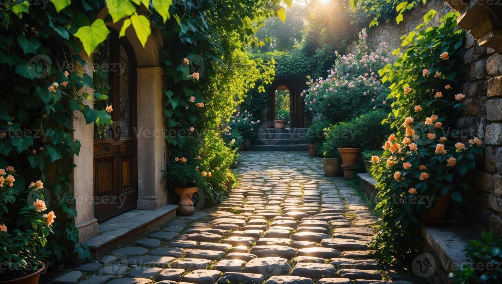 Walking on Cobblestone Path Leading to a Hidden Garden at Sunrise photo