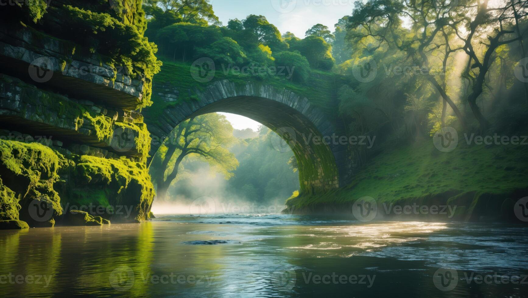 River Flowing Under Stone Bridge Surrounded by Greenery and Mist photo