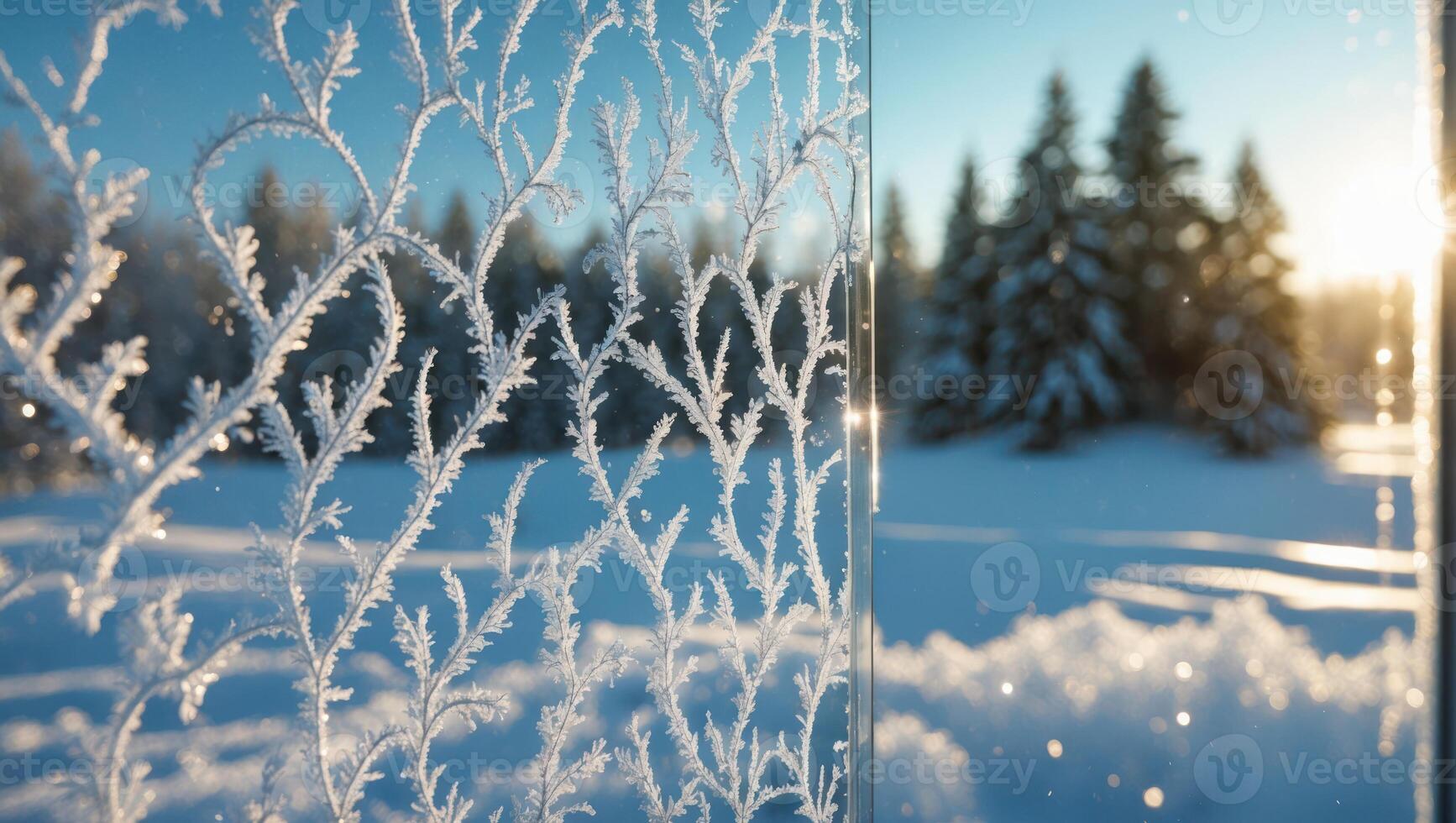 Frost Pattern on Glass with Snowy Forest and Winter Sunlight photo