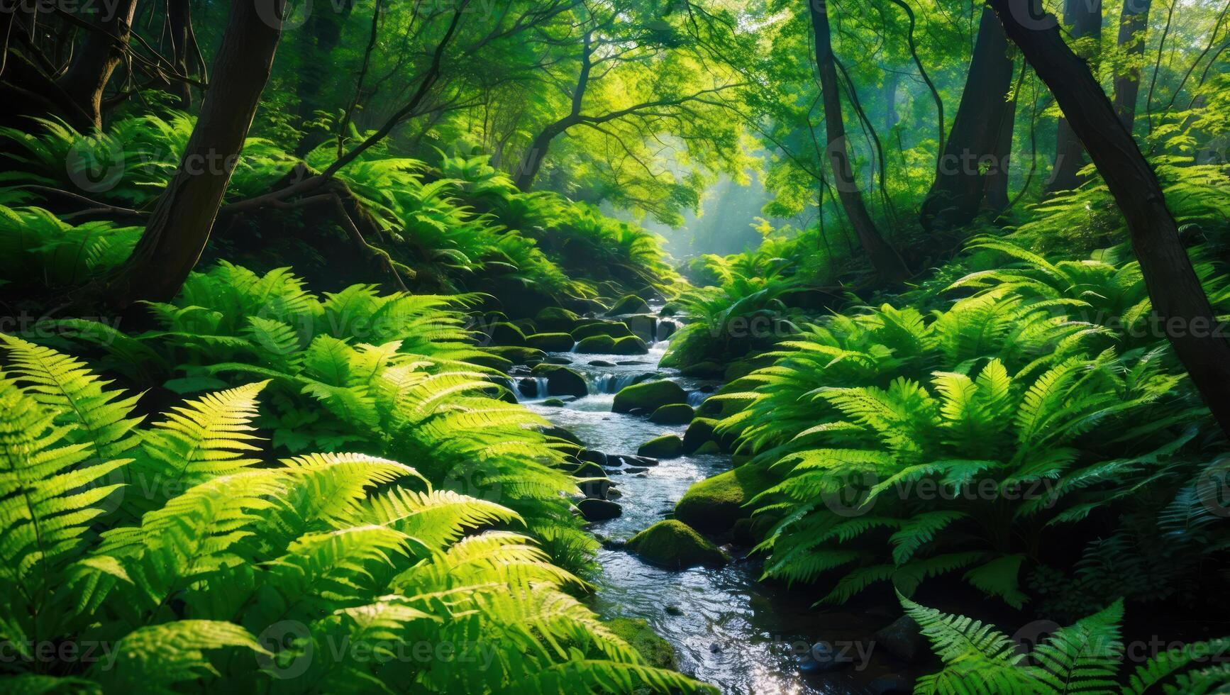 Flowing Stream in Green Forest with Ferns and Sunlight photo