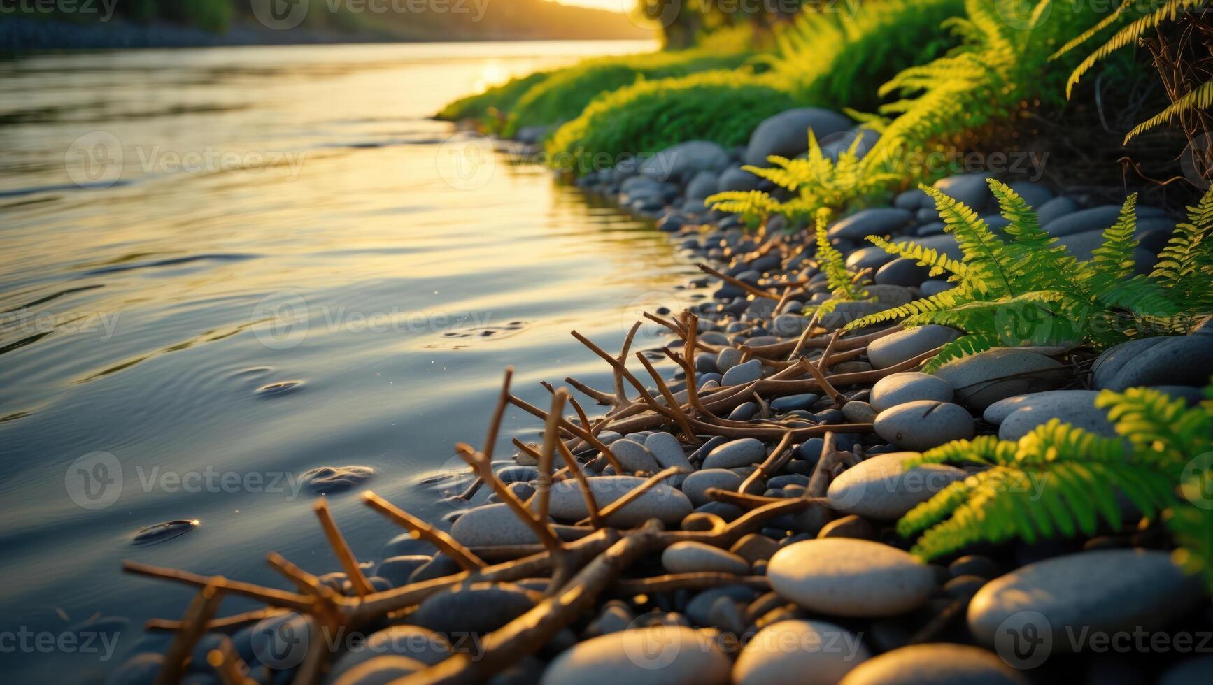Gentle River Flowing Past Pebble Beach with Ferns in Warm Light photo