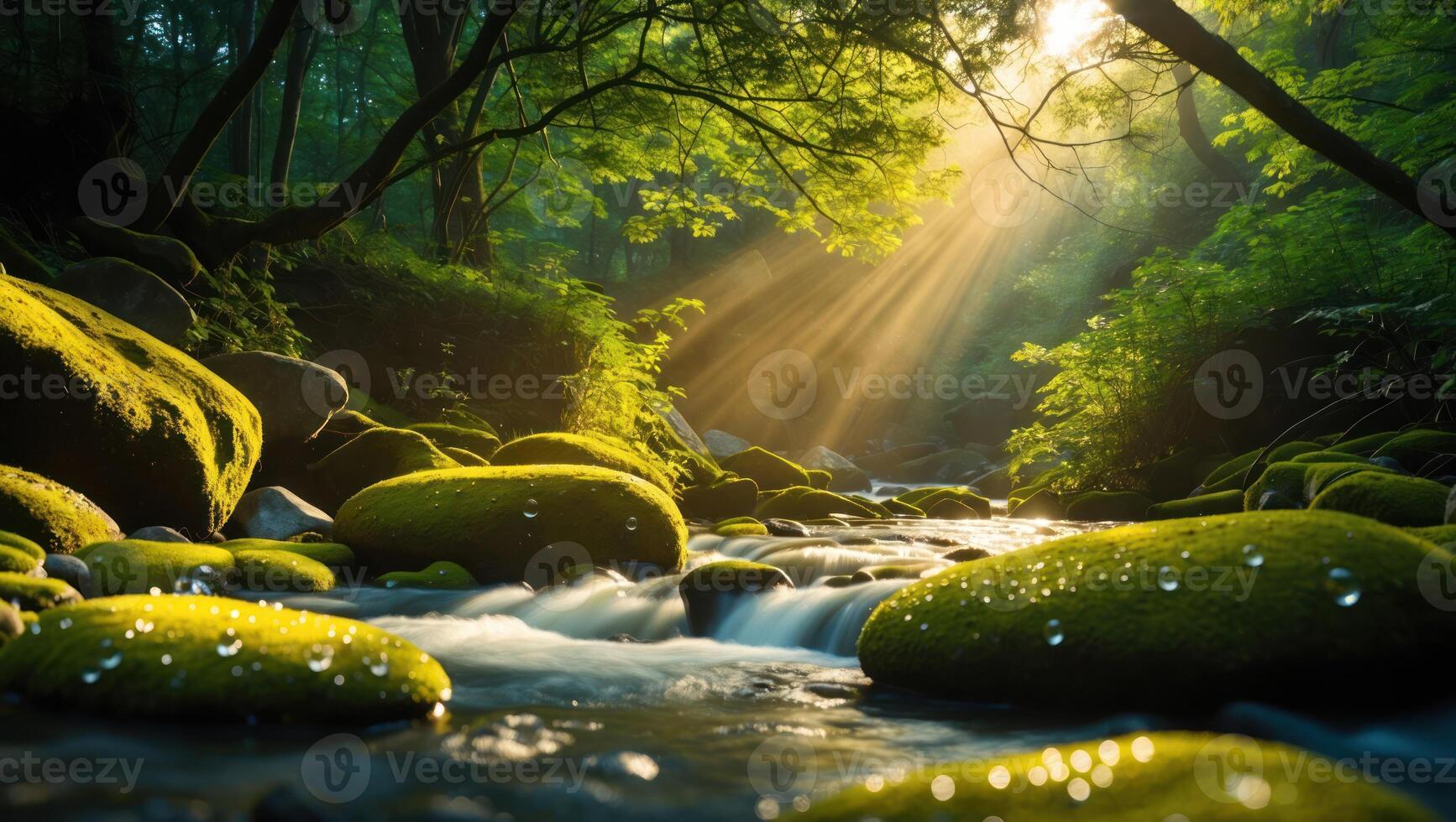 Flowing River Through Forest with Mossy Rocks and Sun Rays photo