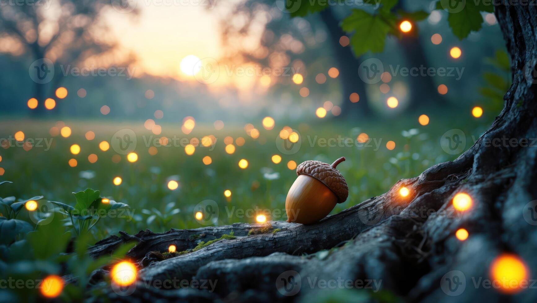 Acorn Resting on Tree Root Surrounded by Soft Glowing Lights photo