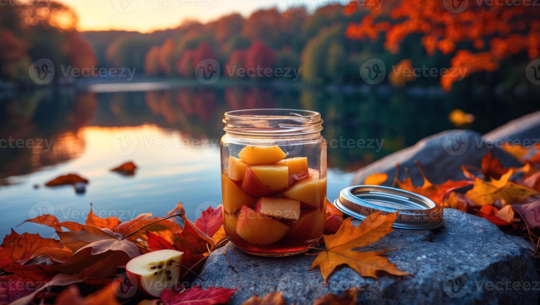 Autumn Apple Jar by Lake with Fall Color Reflections at Sunset photo