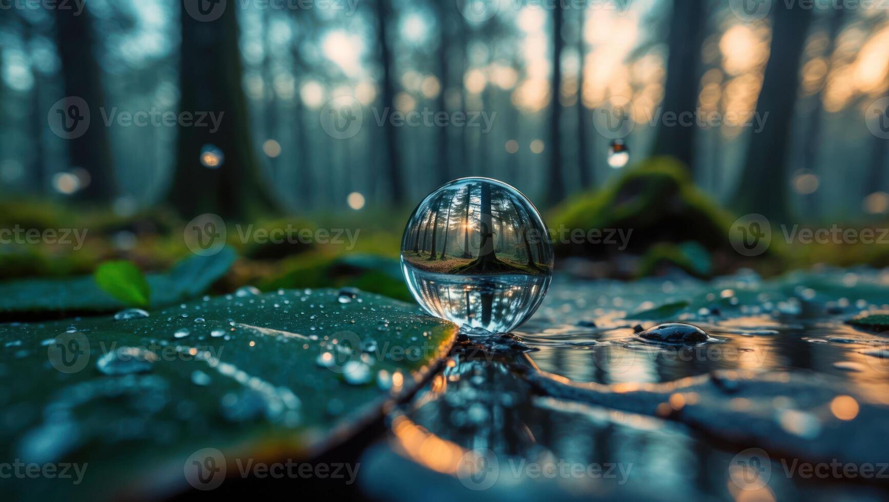 Forest Through Crystal Ball Reflecting Sunlight on Wet Leaf Surface photo