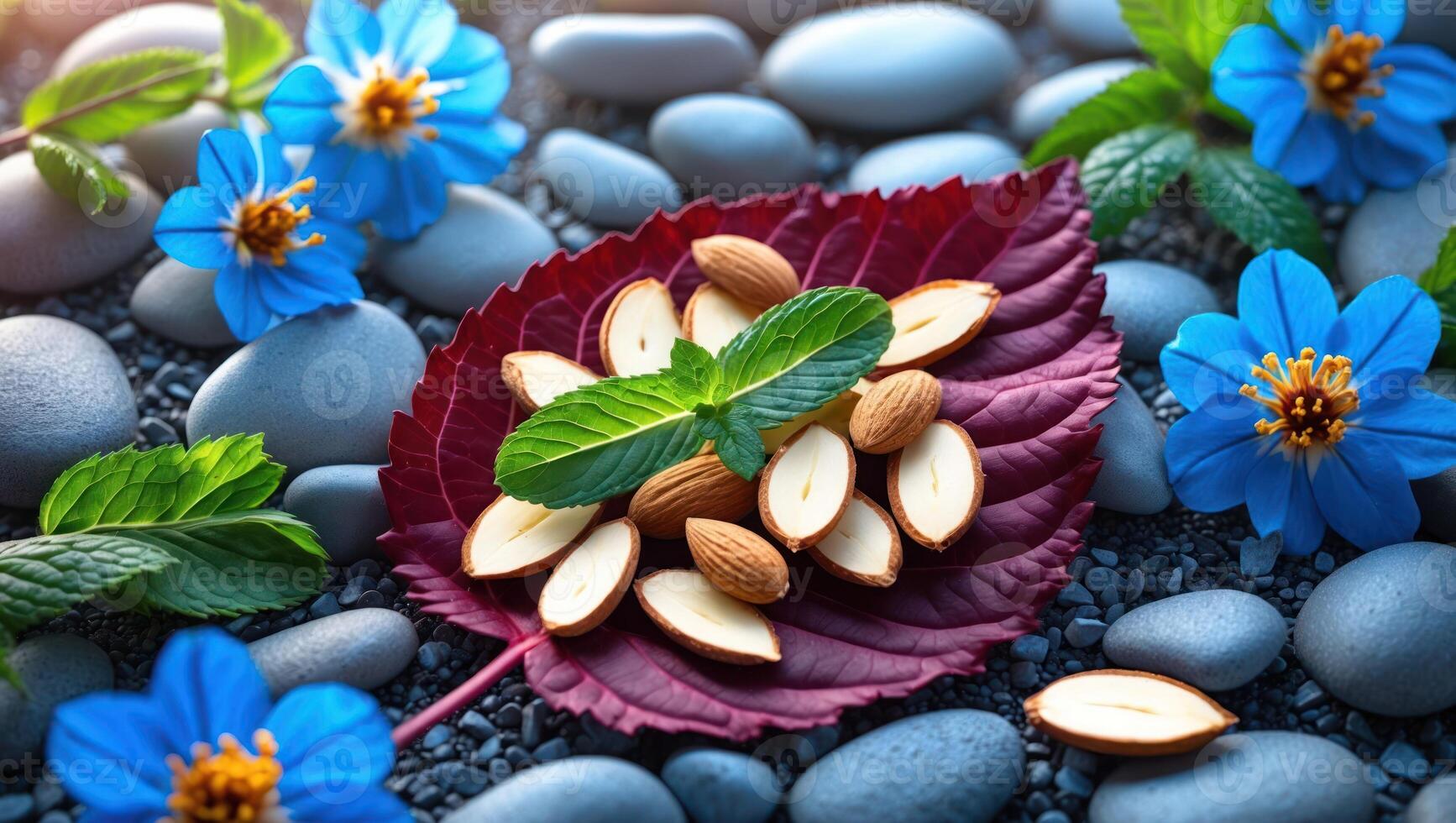 Almonds on Leaf with Mint and Blue Flowers on Stones photo