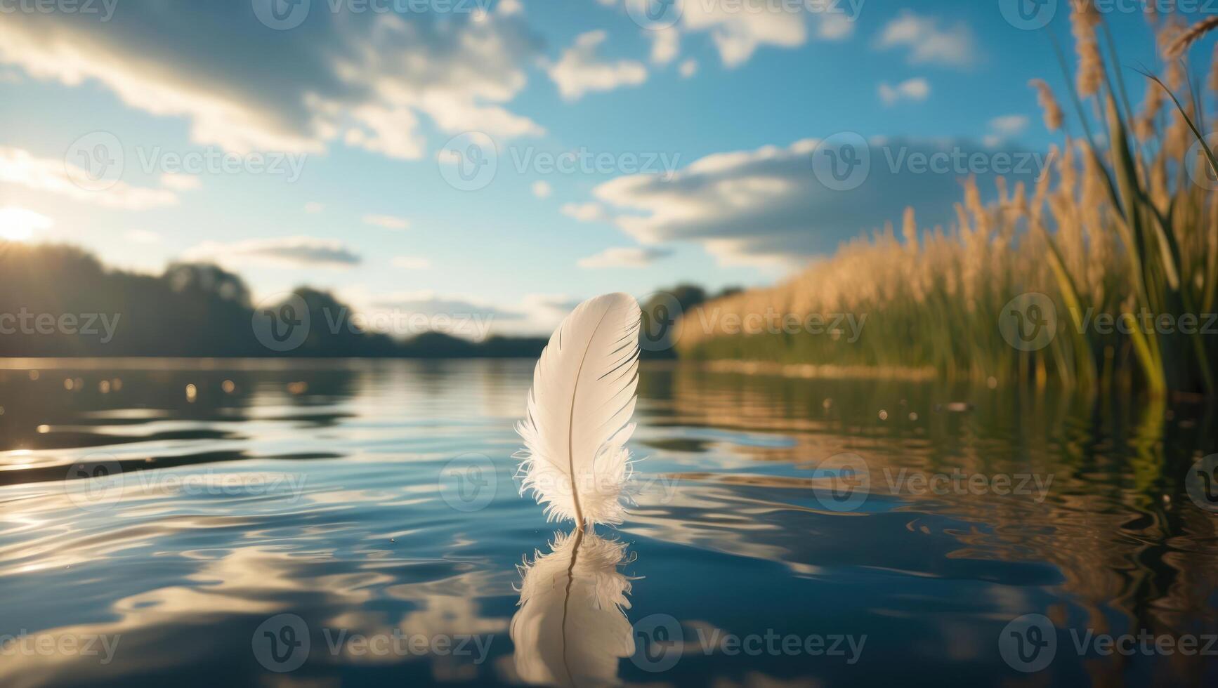 Floating White Feather on Gentle Lake Water with Sky Reflection photo