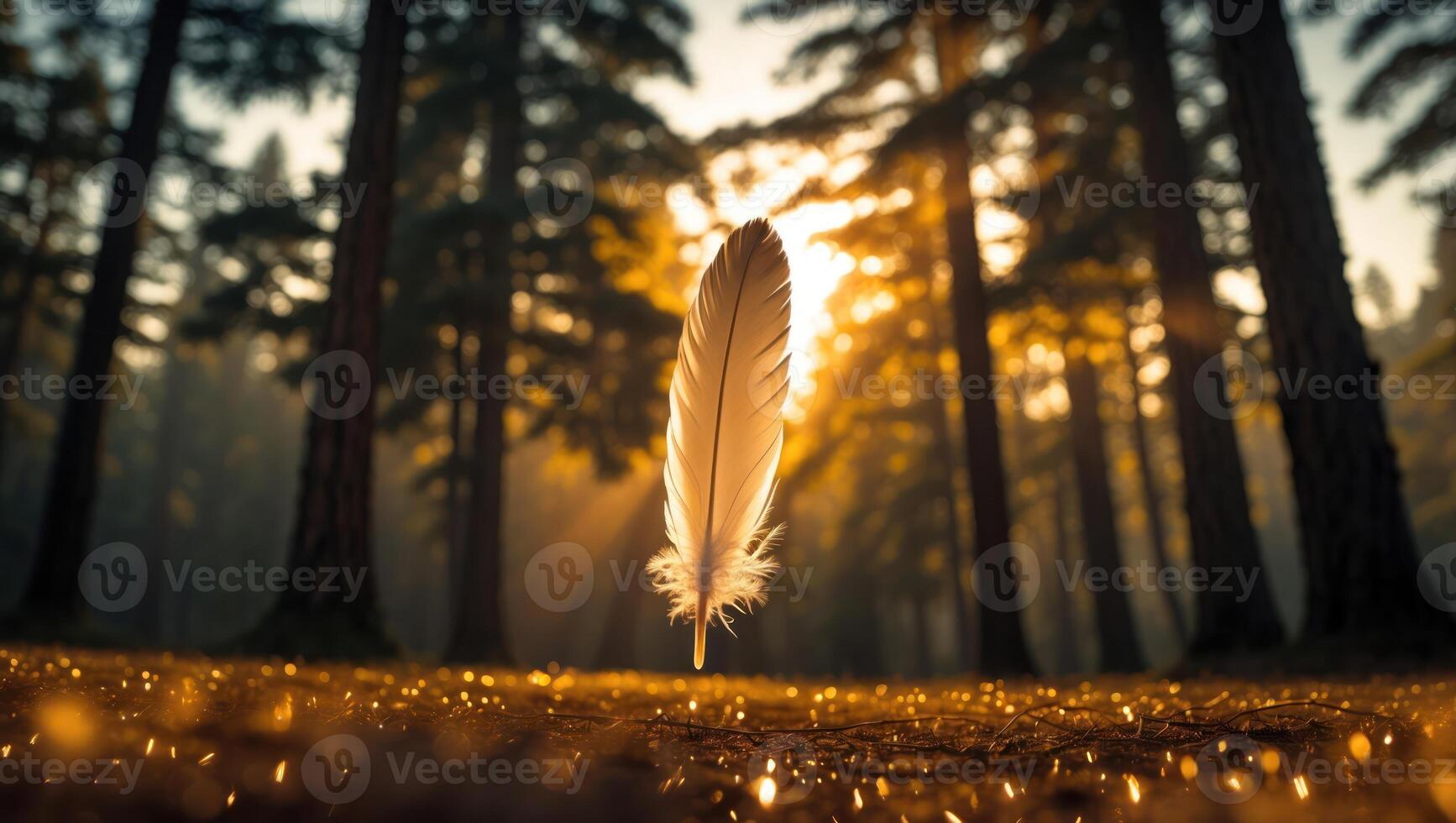 Floating Feather in Forest with Golden Sun Rays and Sparkles photo