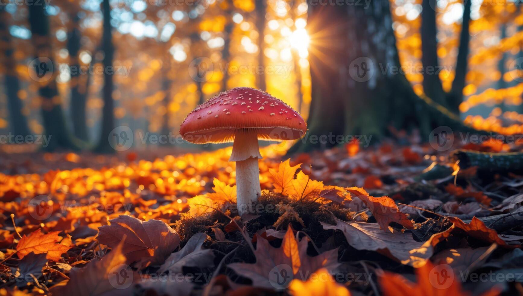 Red Mushroom in Forest with Autumn Leaves and Sunlight Streaming Through photo