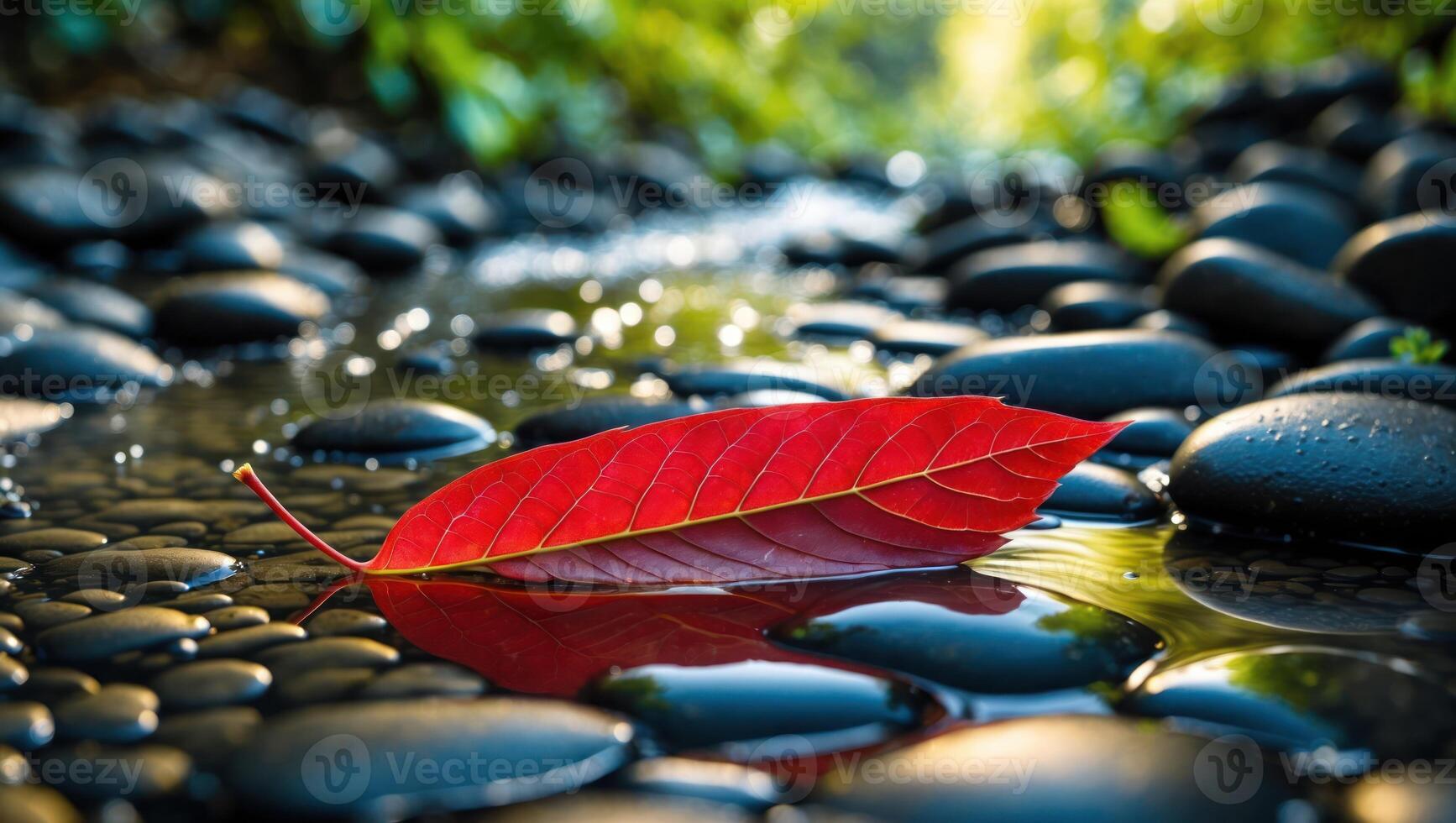 Red Leaf Floating on Wet Black Stones with Blurred Greenery Background photo