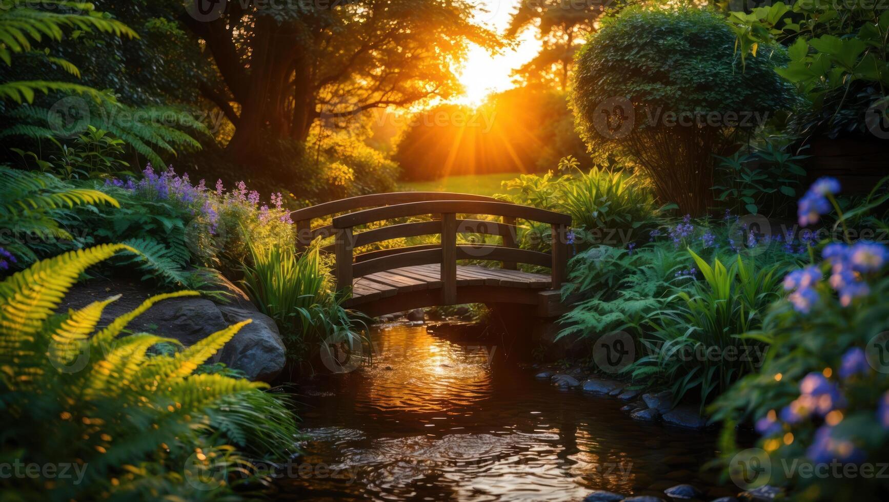 Wooden Footbridge Over Tranquil Stream at Sunset in Lush Garden photo