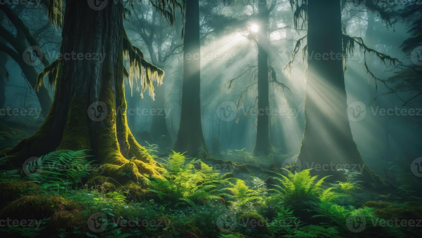 Sun Rays Streaming Through Misty Forest with Ferns and Moss photo