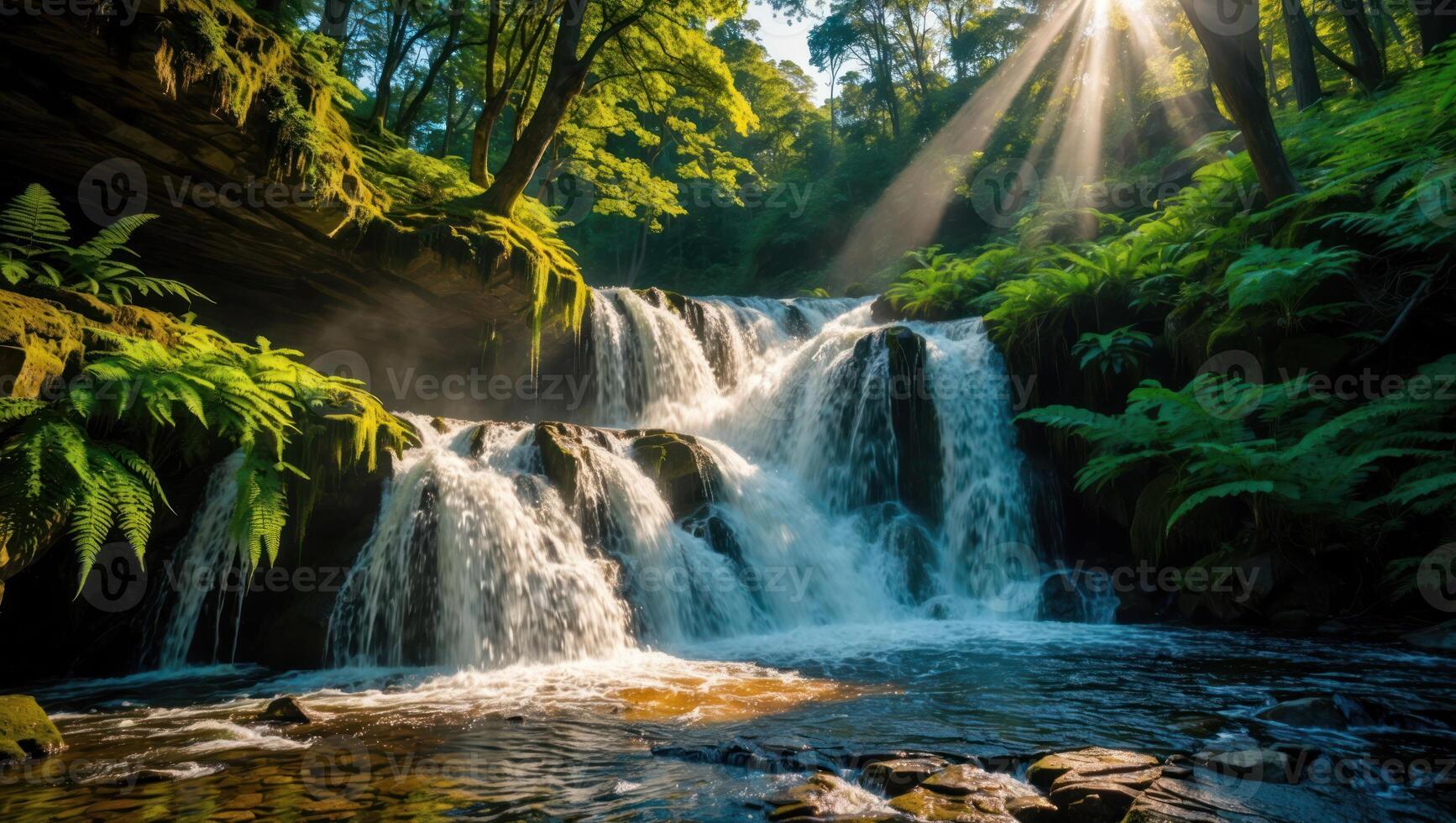 Cascading Waterfall Flows Through Lush Forest with Golden Sunlight photo