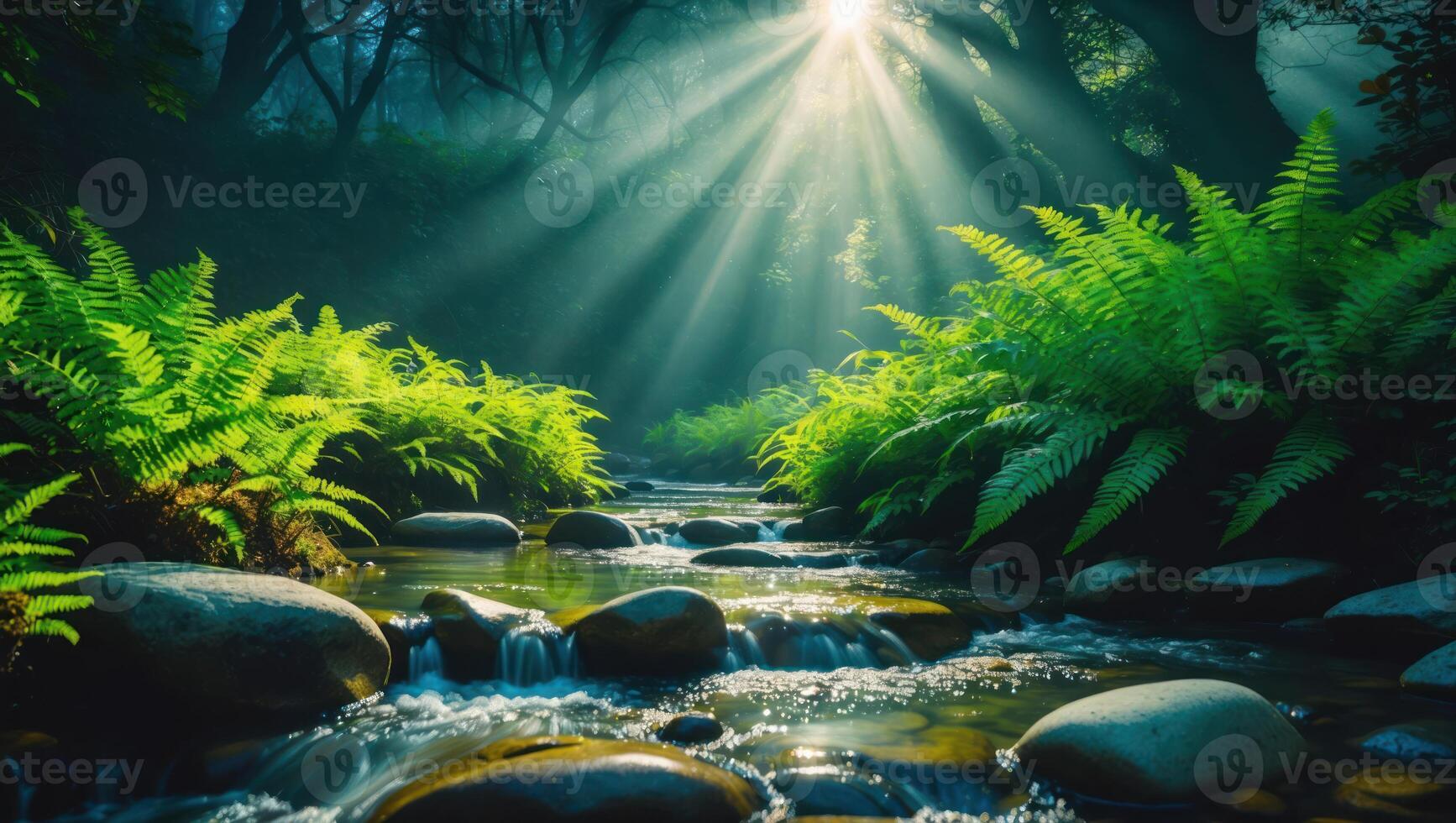 Stream Flowing Through Forest with Sun Rays and Ferns photo