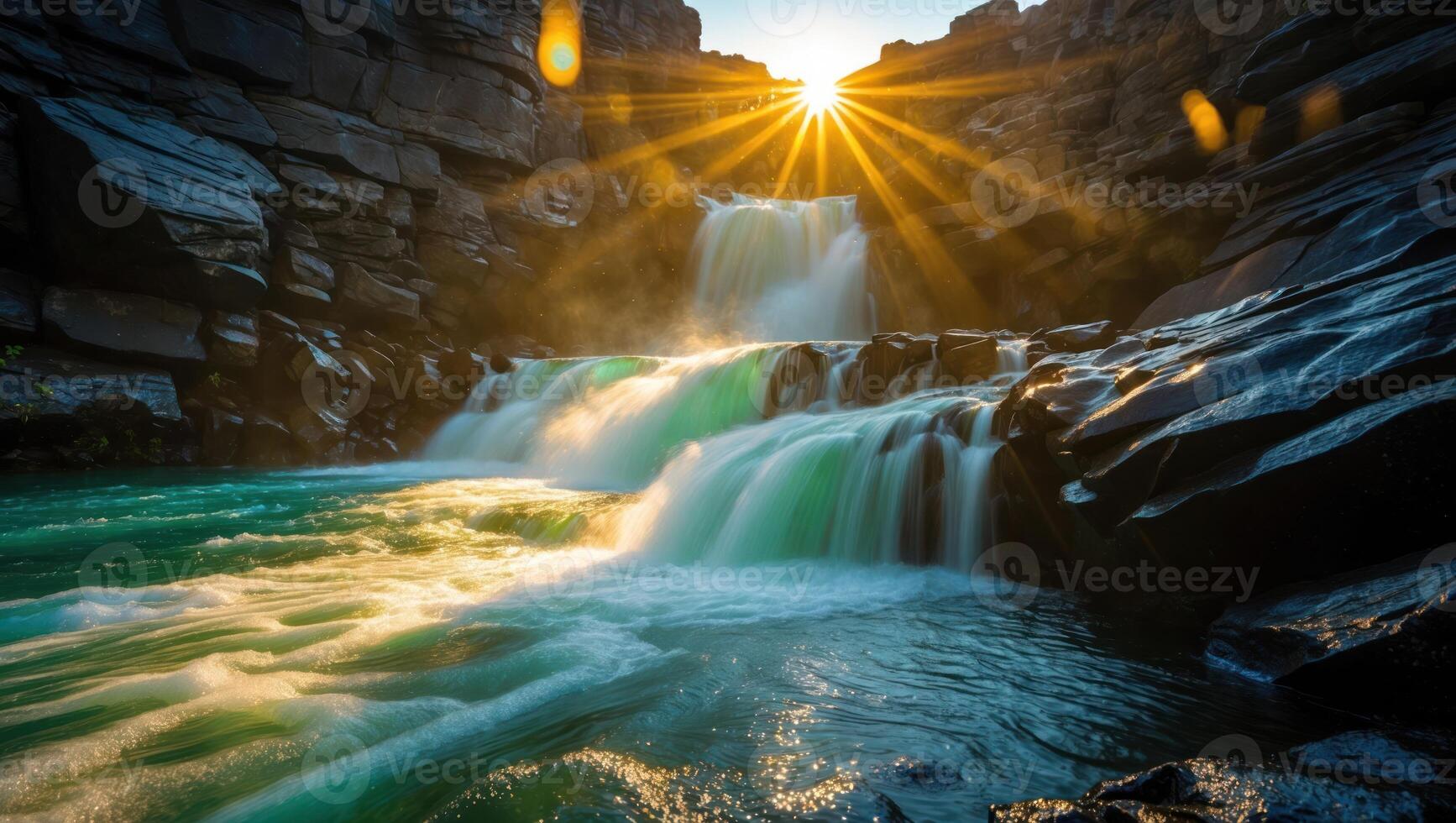 Cascading Waterfall with Sun Rays Shining Through Rocks Beautiful Nature Scene photo