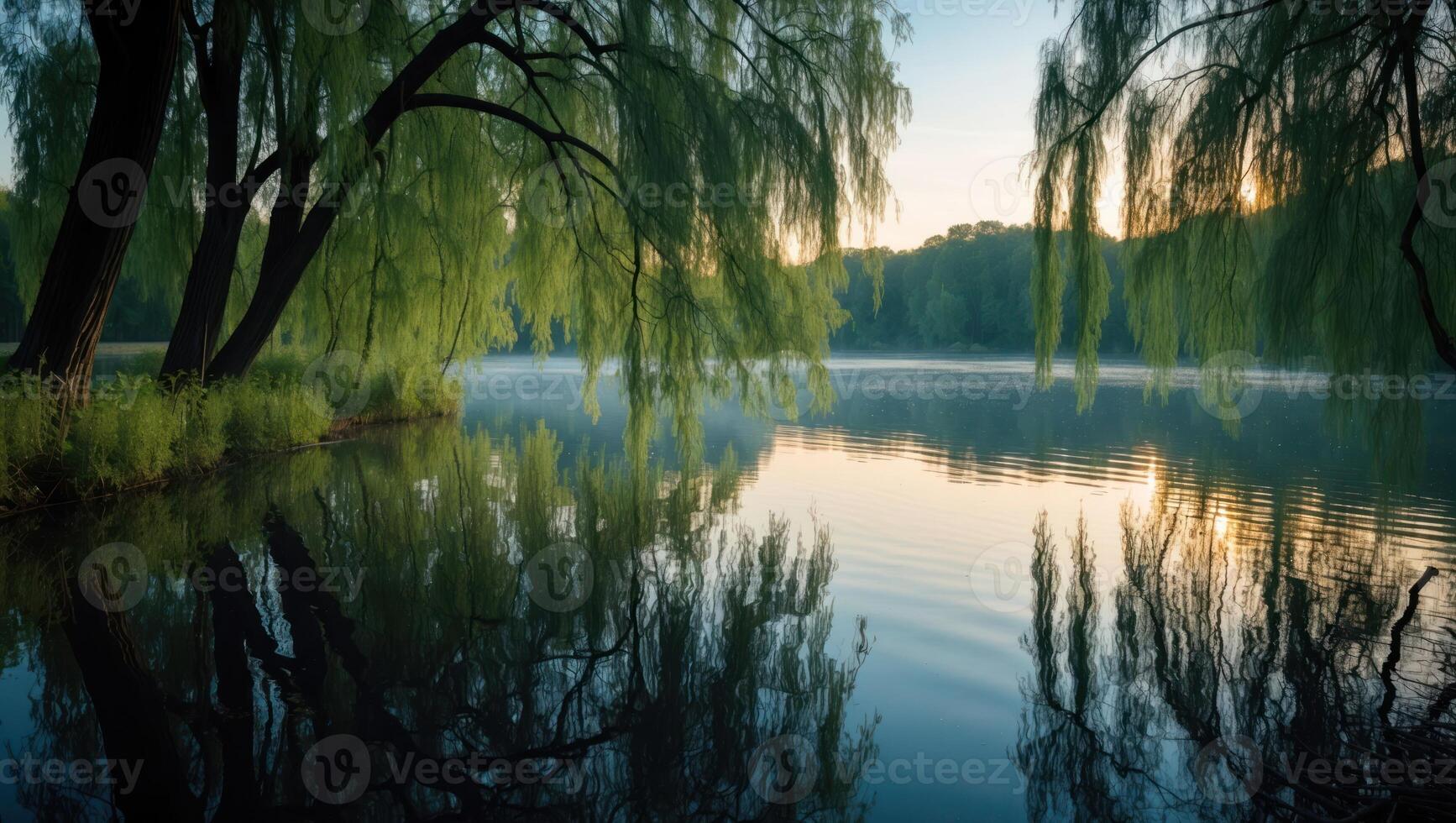 Willow Trees Reflecting in Calm Lake at Sunrise Creates Serene Scene photo