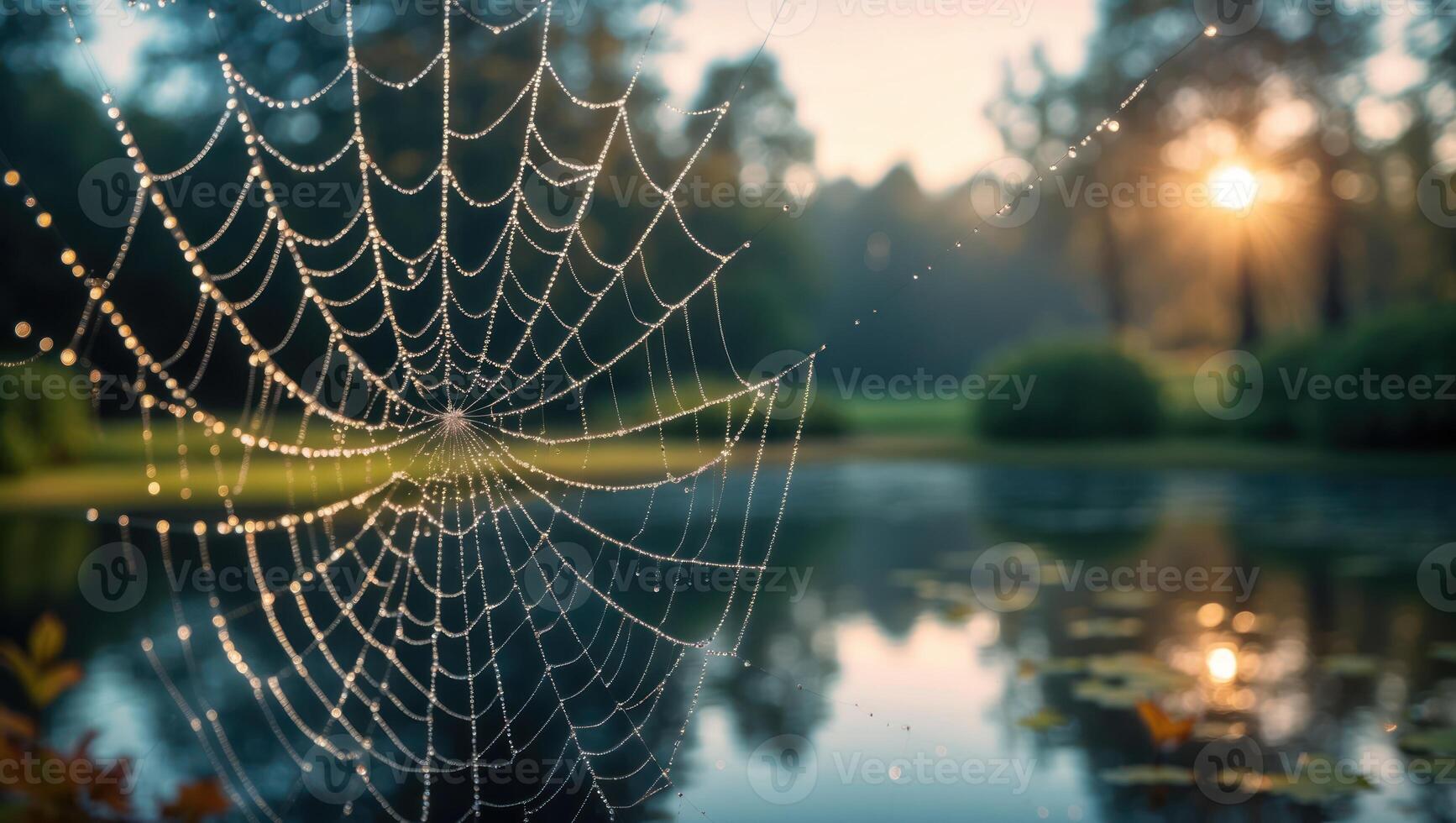 Spiderweb with Dew Drops Sparkling by Lakeside at Sunrise Landscape photo