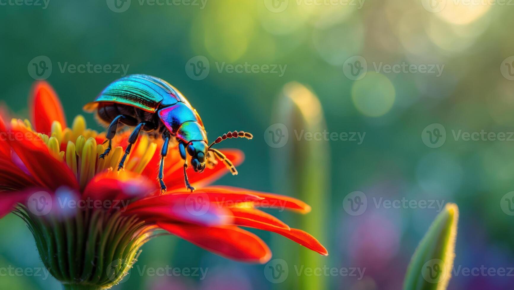 Beetle Exploring Red Flower with Vivid Colors in a Sunny Garden photo