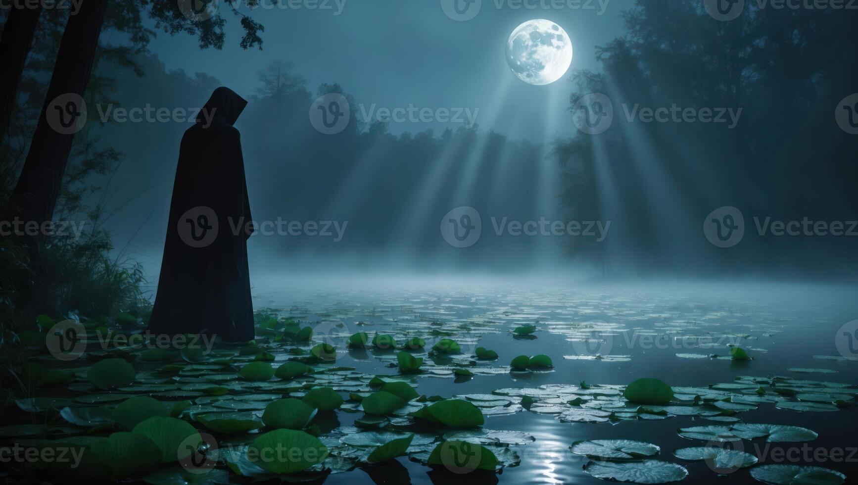 Figure in Robe by Foggy Lake Under Moonlight with Lily Pads photo