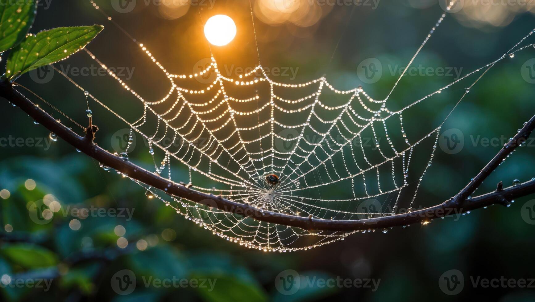 Spiderweb Covered in Dew Drops Reflecting Sunrise in Nature photo