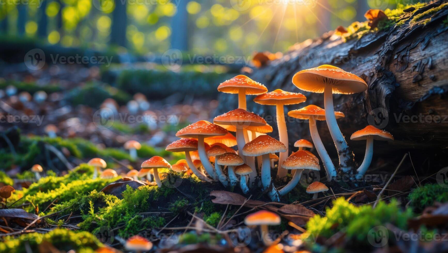 Group of Mushrooms Growing in Forest with Sunlight Streaming Through Trees photo