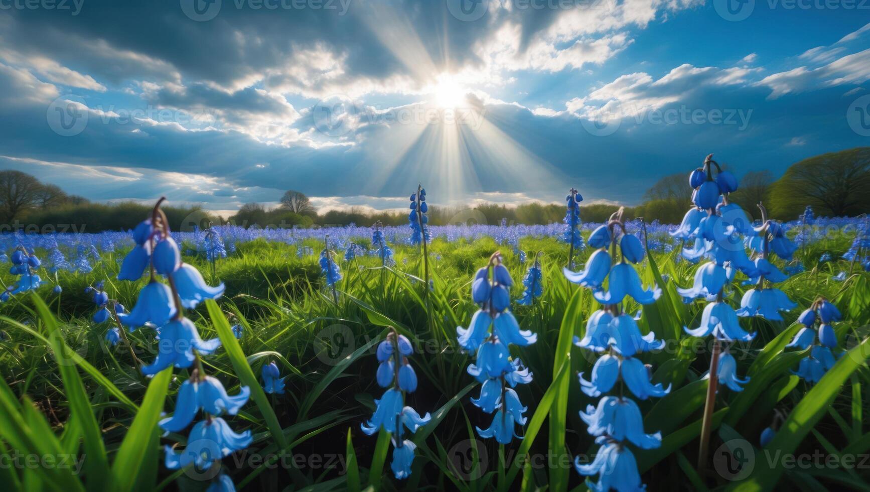 Blooming Bluebells in Meadow with Sunlight Shining Through Cloudy Sky photo