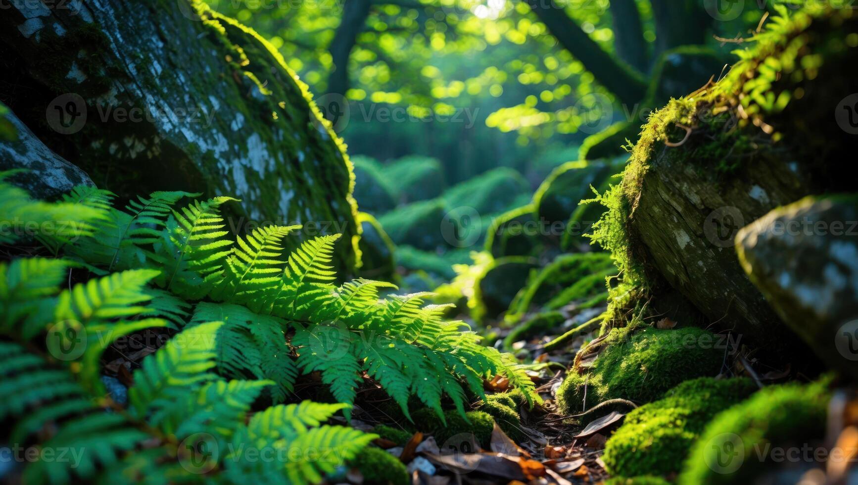 Fern Growing in Forest with Sunlight Streaming Through Trees photo