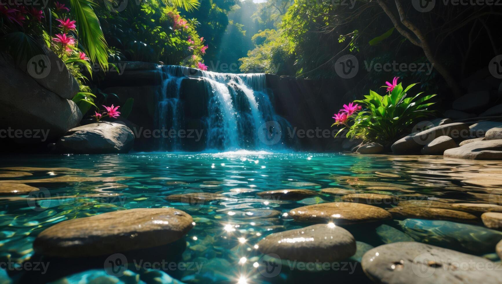 Cascading Waterfall Flowing Into Pool with Rocks and Tropical Flowers photo