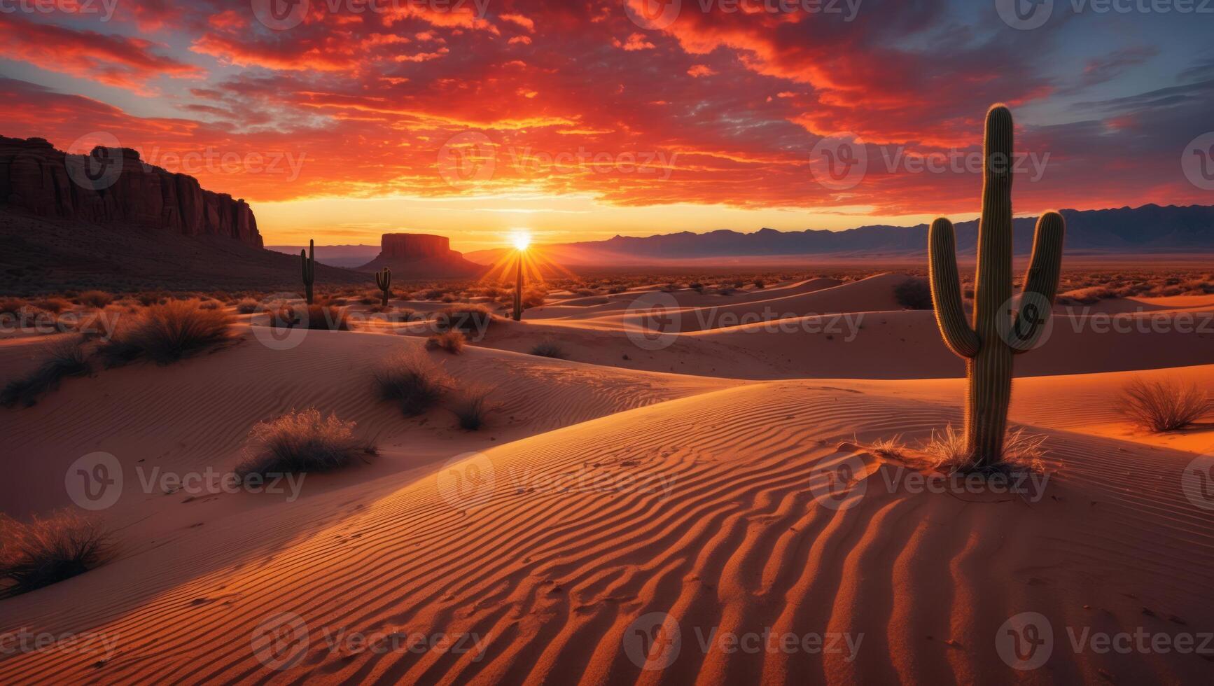 Cactus in Desert Landscape with Dramatic Sunset and Colorful Sky photo