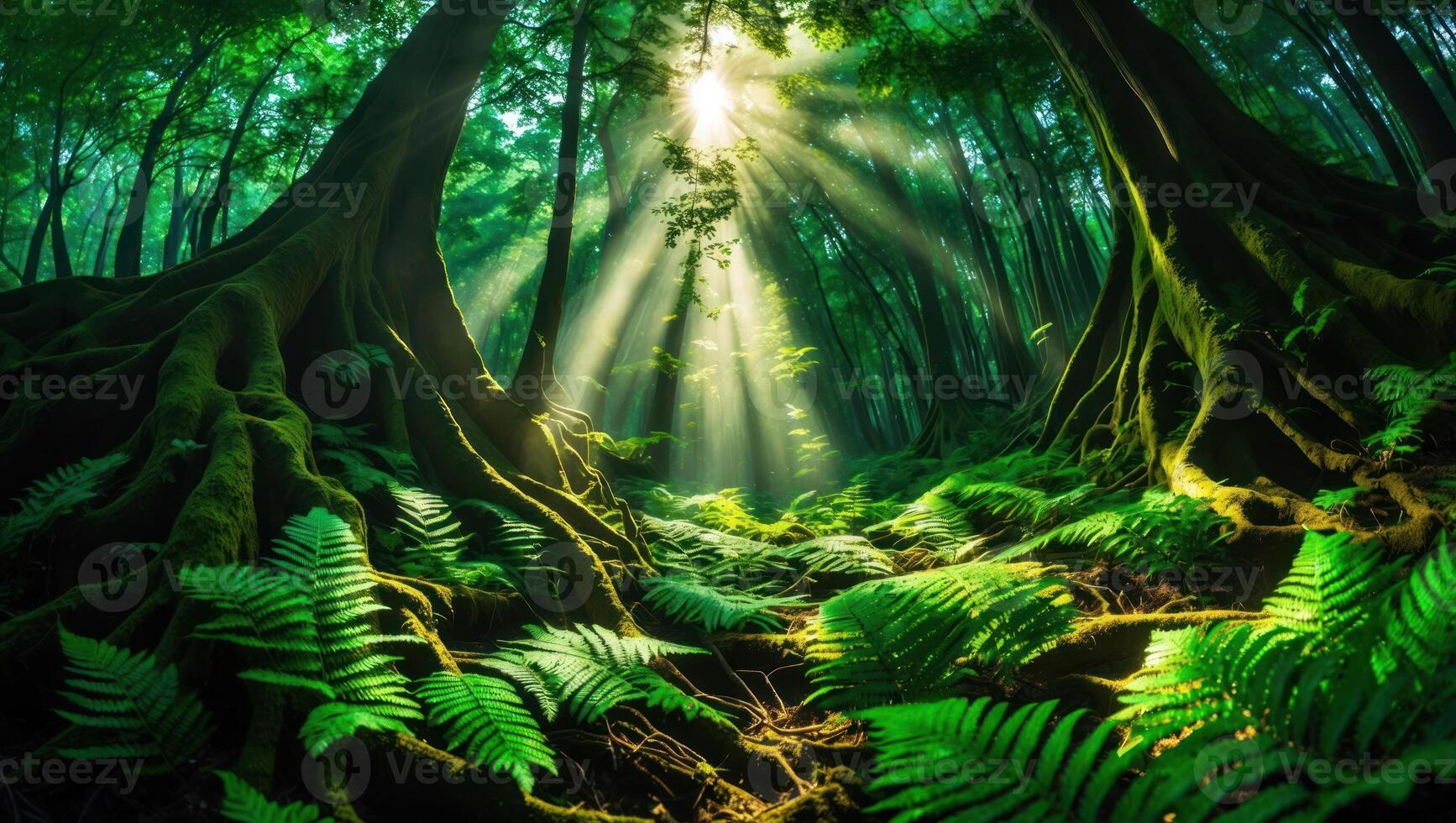 Sunlight Through Forest Trees with Ferns and Greenery Scene photo