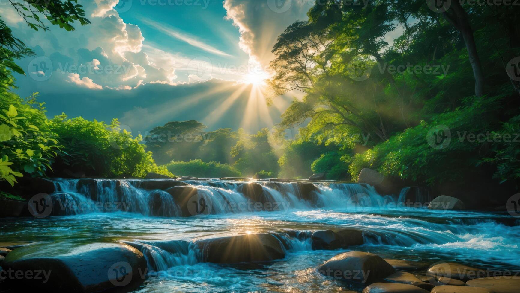 Cascading Waterfall Flowing Through Lush Green Forest with Bright Sunlight photo