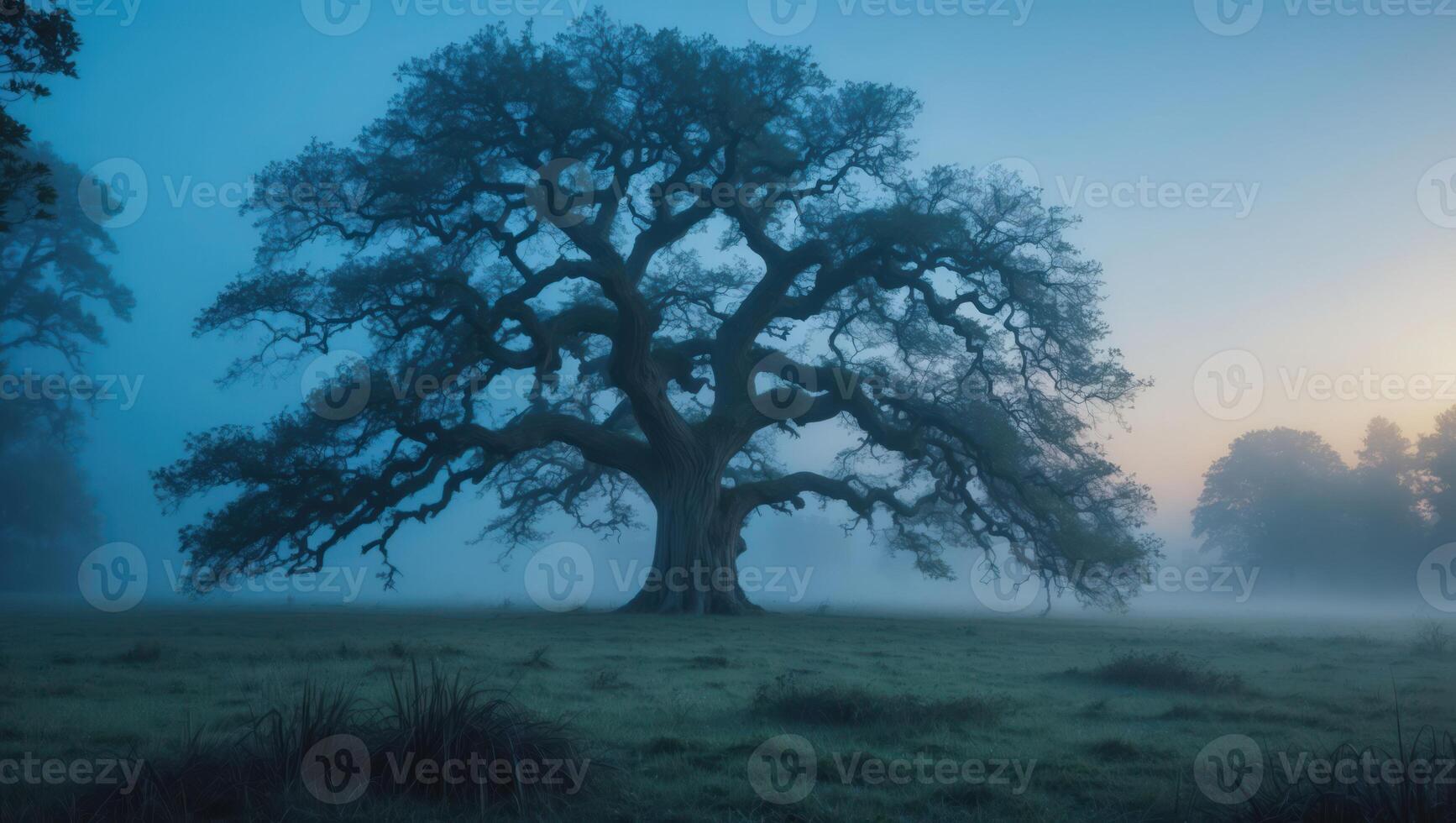 Lone Tree Standing in Foggy Field with Sunrise Light photo