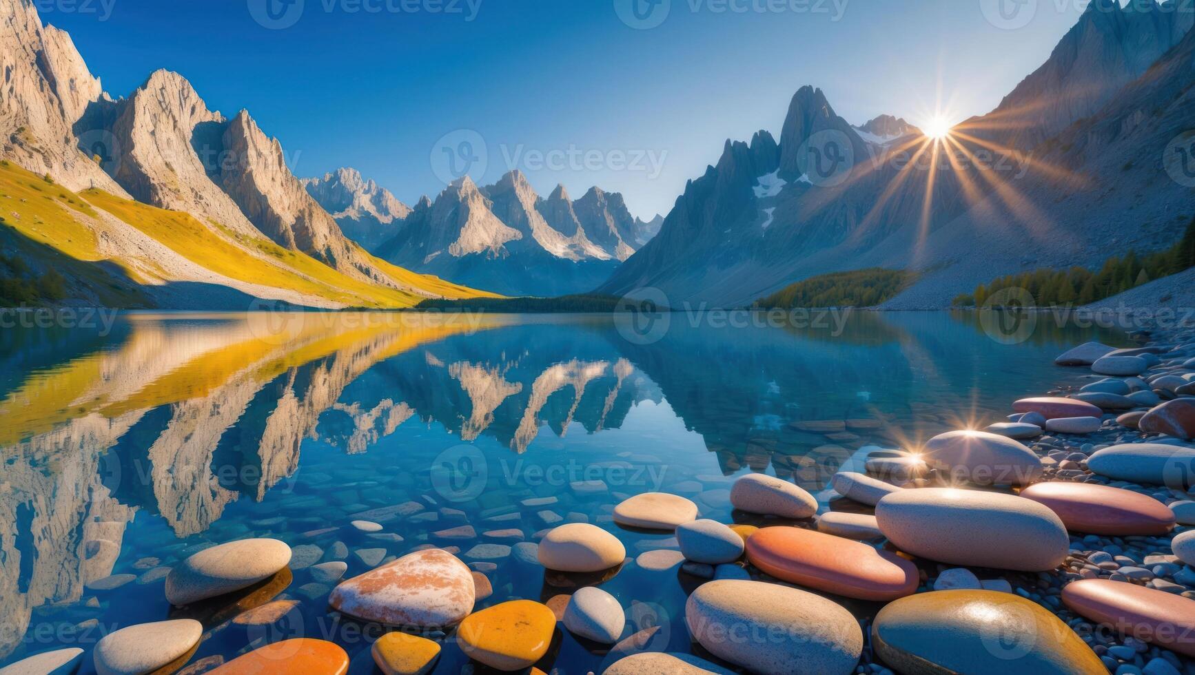 Still Mountain Lake Reflecting Peaks and Sky at Sunset with Rocks photo