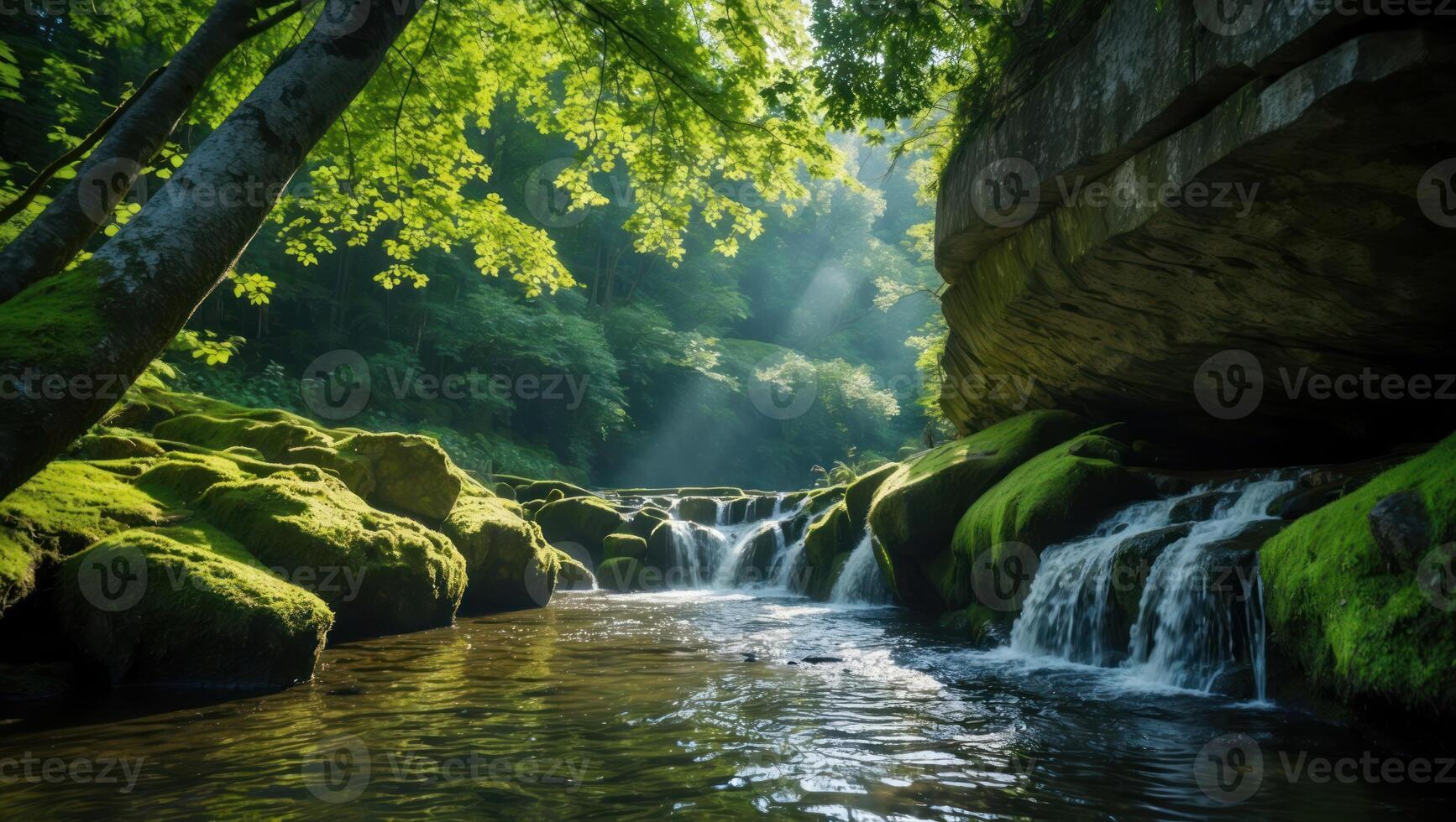 Cascading Waterfall Through Lush Green Forest with Sunlight Streaming in photo