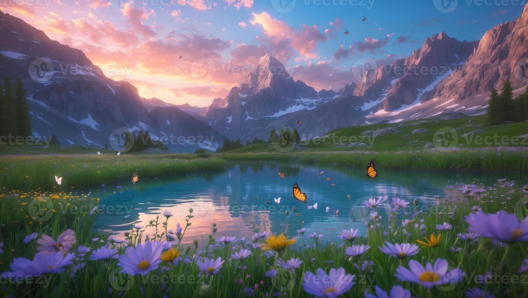 Scenic Mountain Landscape with Lake, Wildflowers, and Butterflies at Sunset photo