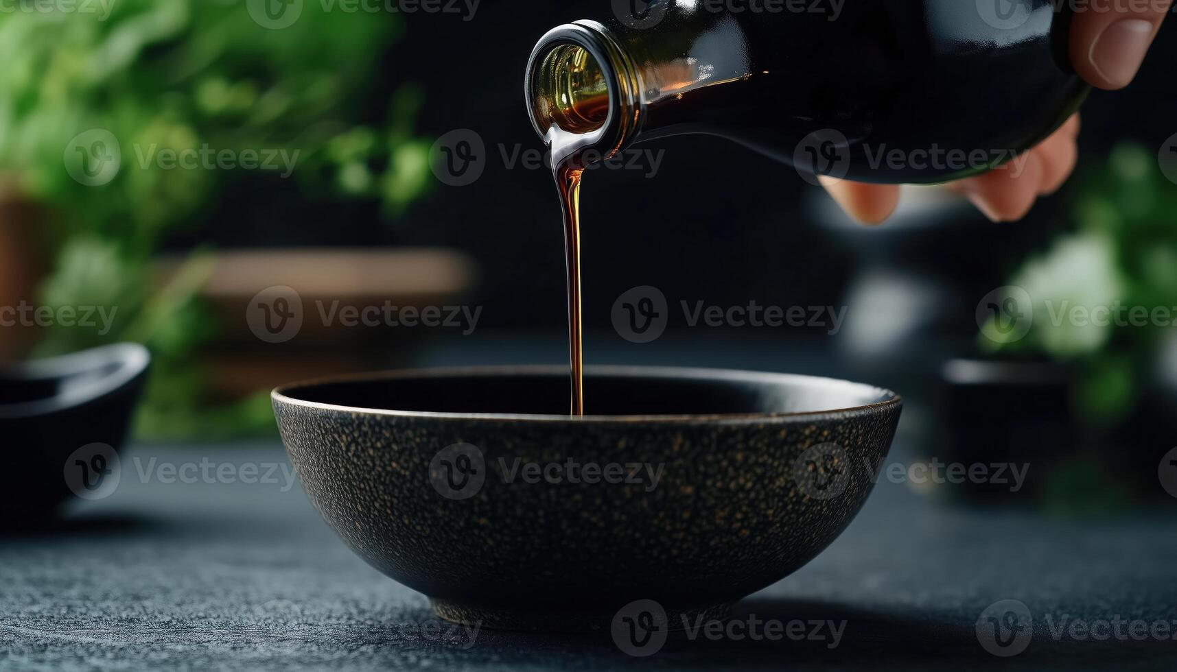 Close Up Shot Of Delicious Soy Sauce Being Poured Into A Bowl From A Bottle On A Black Table. Rich Colors And Textures photo