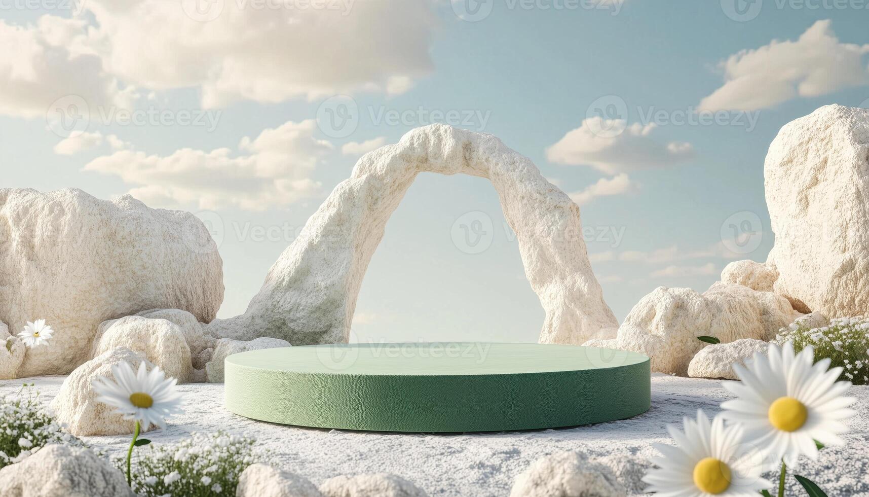 Green Podium Landscape Mockup Featuring White Rocks, Daisy Flowers, And Arch Design. Template For Creative And Professional Presentations. Ideal For Showcasing Products photo
